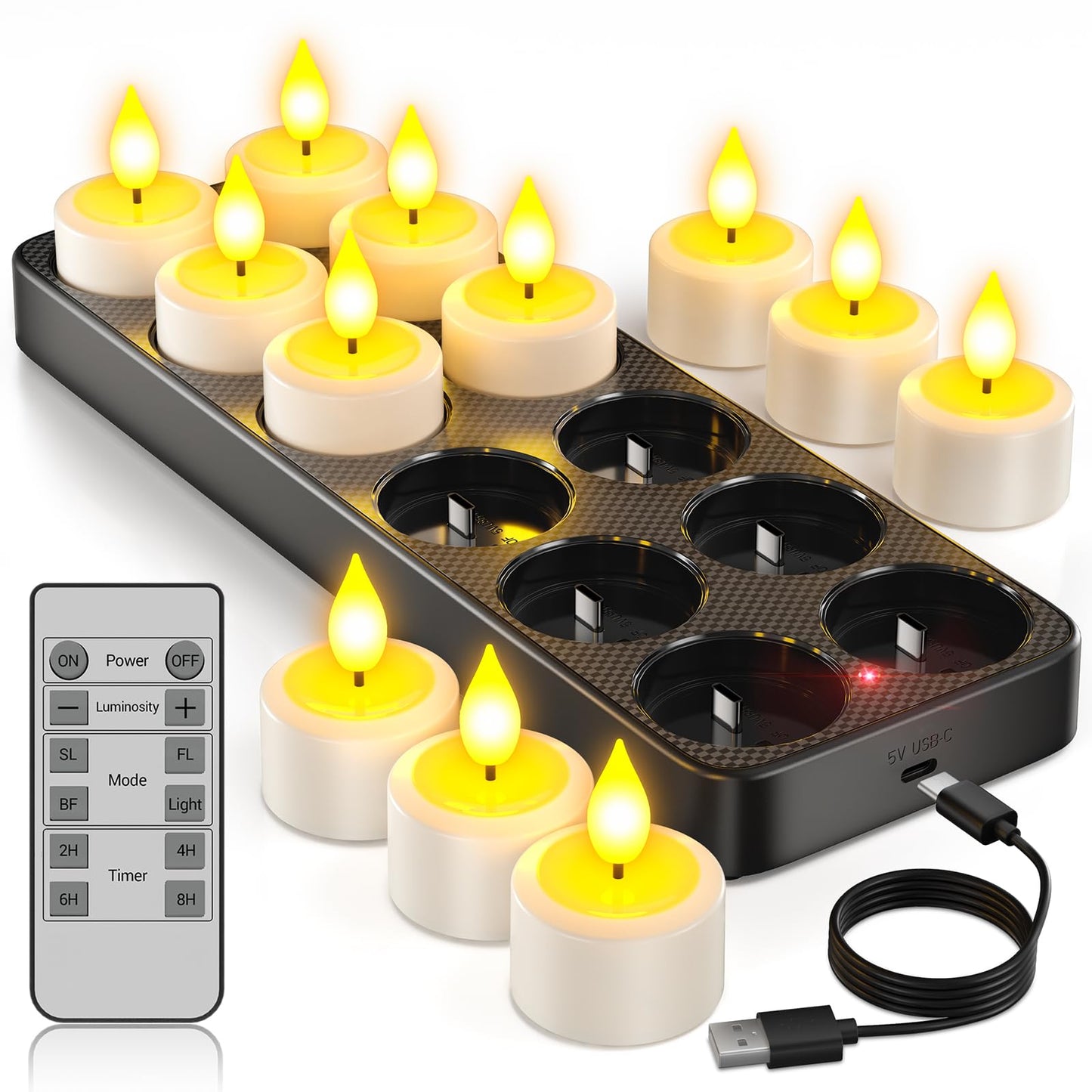 Yme Rechargeable Tea Lights Candles with Charger Storage Base, 12 Pack Battery Operated LED Flameless Tealight Candles with Remote Timer for General Fireplace Halloween Pumpkins Christmas Party Decor