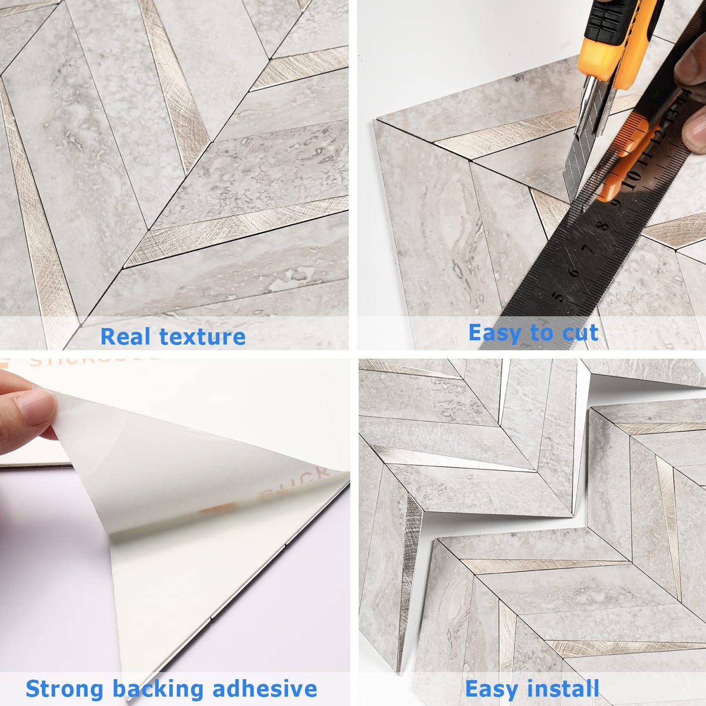 STICKGOO 10-Sheet Herringbone Tile Peel and Stick Backsplash, Marble Beige Mixed Metal Gold PVC Stick on Backsplash, Self Adhesive Wall Tile for Kitchen and Bathroom