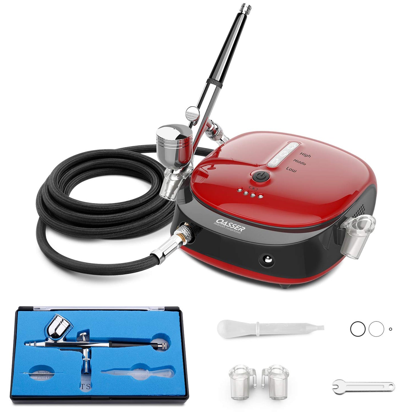 Oasser Airbrush Kit with Compressor 1000mAh Portable Airbrush Compressor Rechargeable with LED Lights for Painting Modeling Makeup Art Creation Suitable for Beginners Red