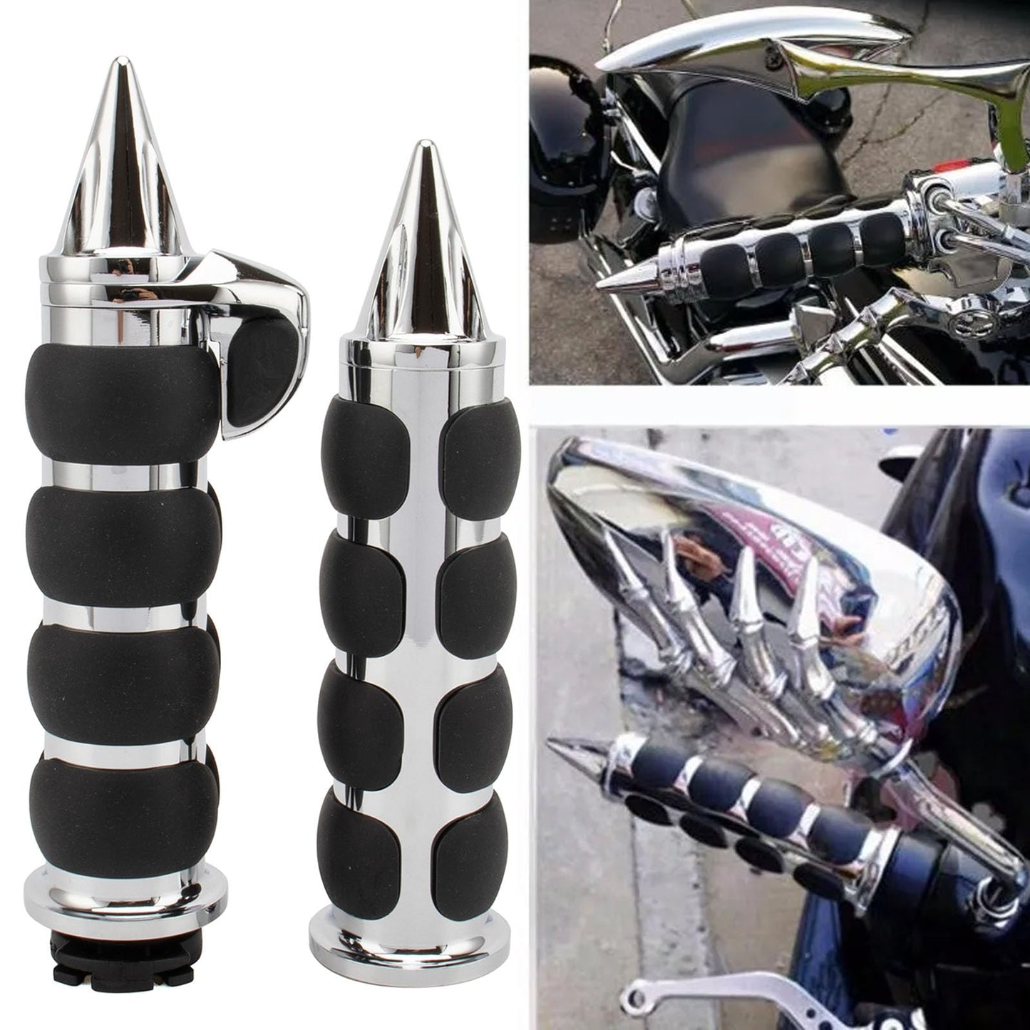 Motorcycle 1" Hand Grips Bar End Hand Handlebar Spike Chrome Black Aluminum Rubber