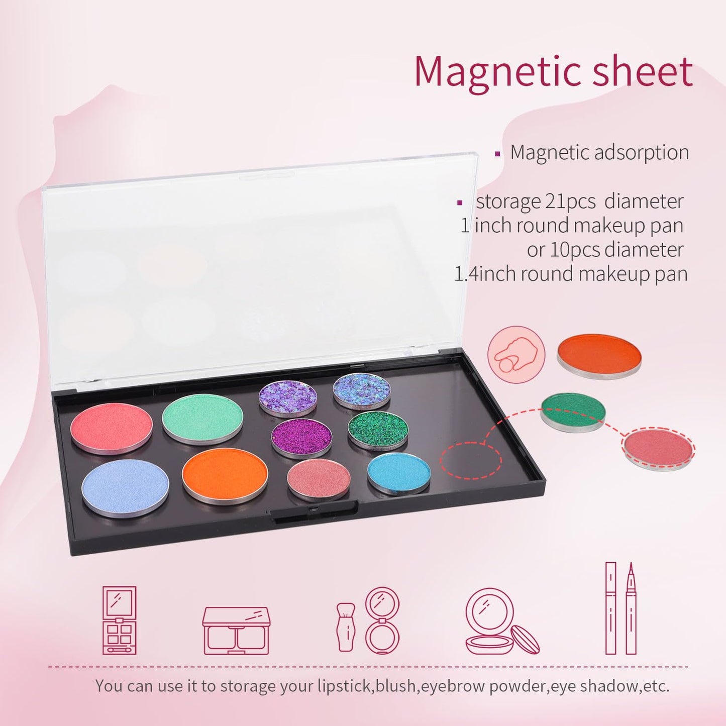 AJLTPA Magnetic Makeup Palette with Clear Top, 3Pack Empty Eyeshadow Pan Dispensing Storage Box with 60Pcs Adhesive Metal Stickers for DIY Cosmetics Lipstick Blush Powder, Transparent, Palette -