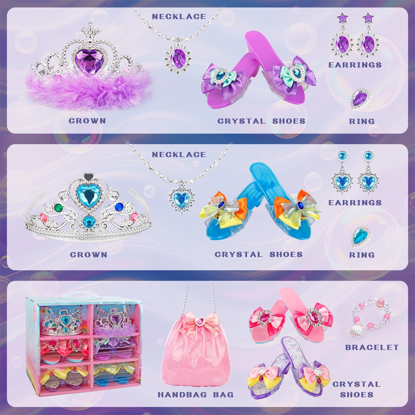 Hechify Princess Dress Up for Girls Ages 3-6, with Crystal Shoes, Crowns, Necklaces, Earrings, Rings, Bracelet and Handbag, Multicolour, Princess Toys for Kids Birthday Gift