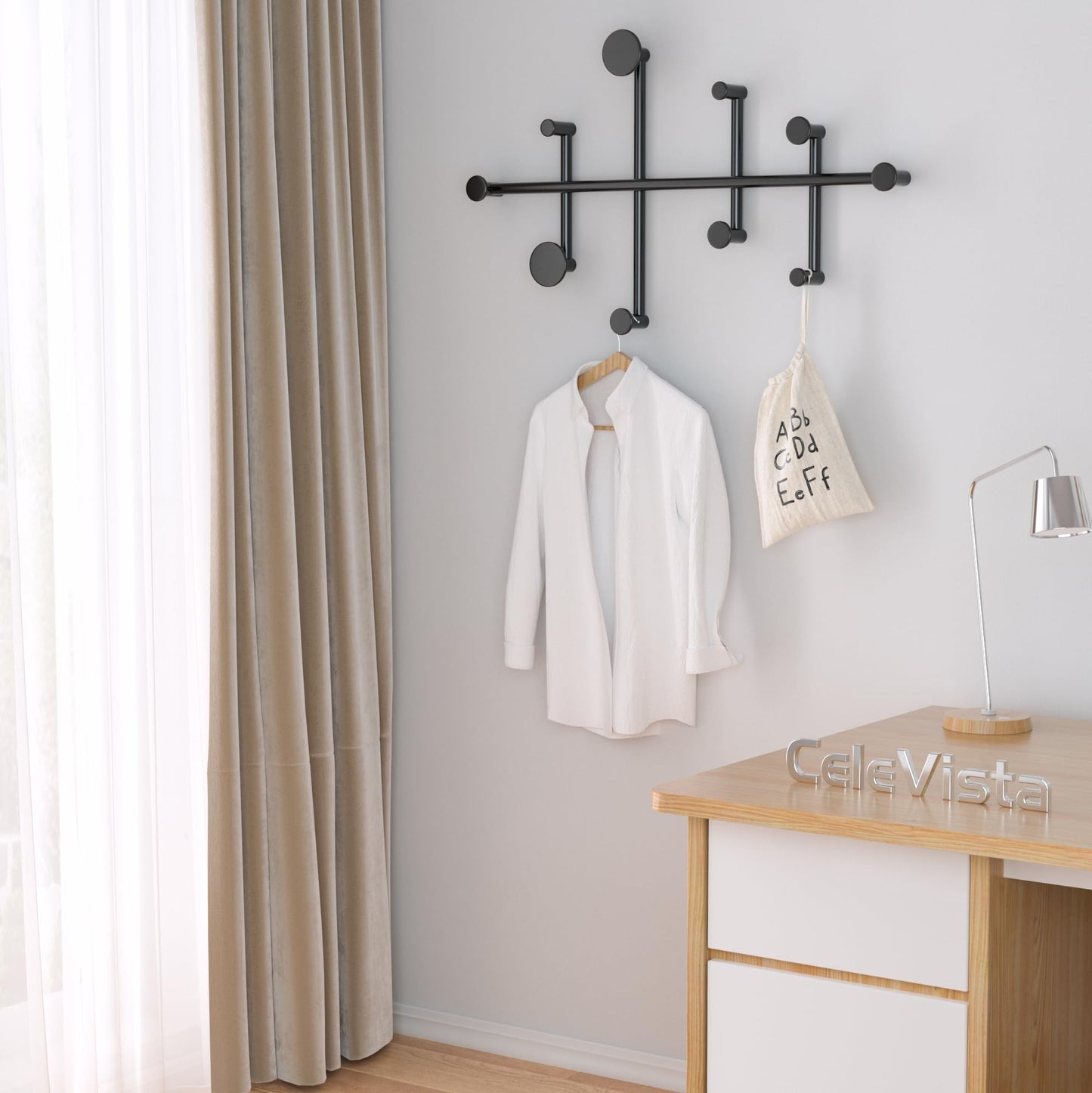 CeleVista Coat Rack Wall Mount, 10 Hooks Metal Wall Hooks for Hanging Coats, Modern Decorative Coat Hook Rack for Hat, Entryway, Minimalist Space Saver(Black)