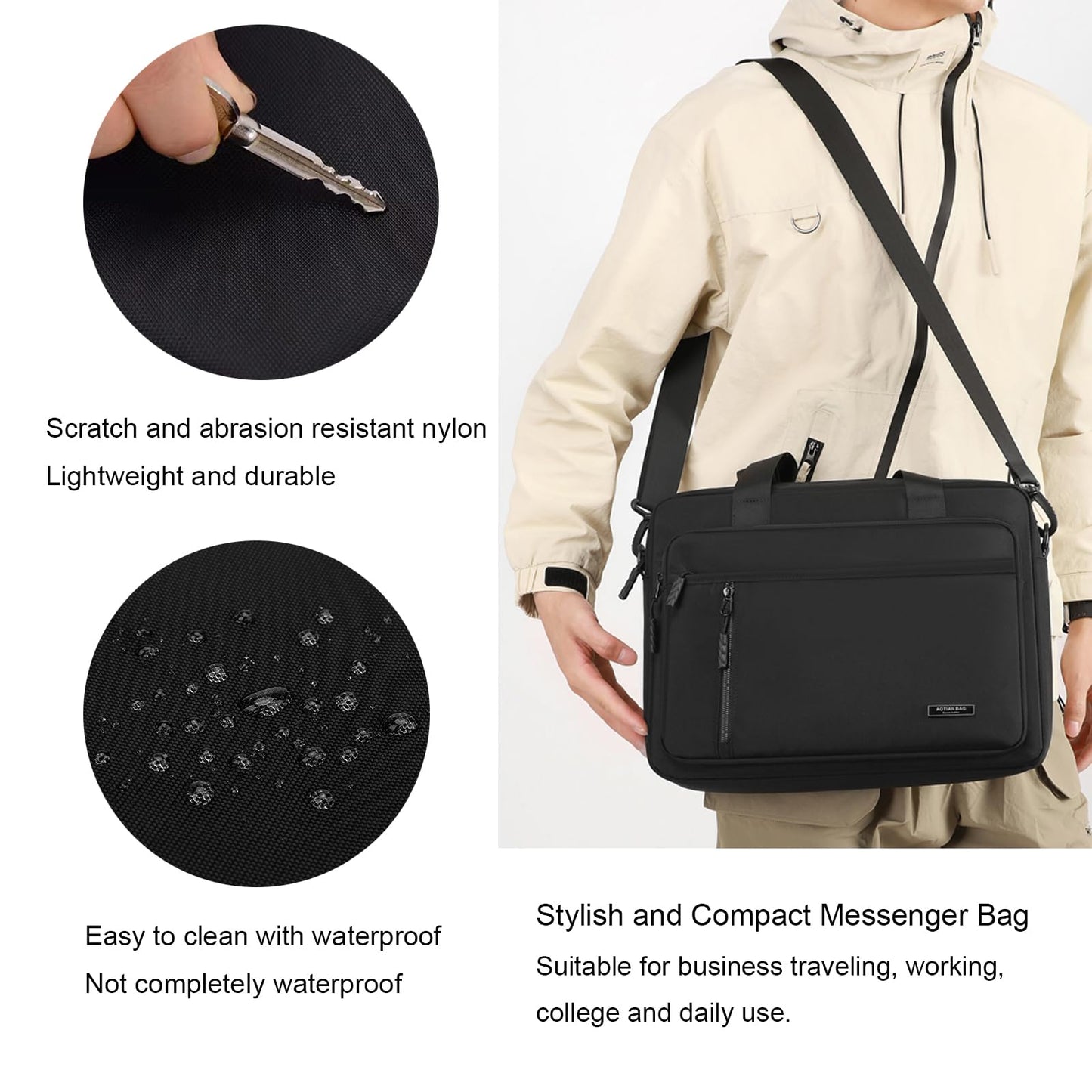 Laptop Bag 14 Inch Briefcase for Men Women Waterproof Nylon Lightweight, Shoulder Messenger Handbag for Business Office Work Travel College Black