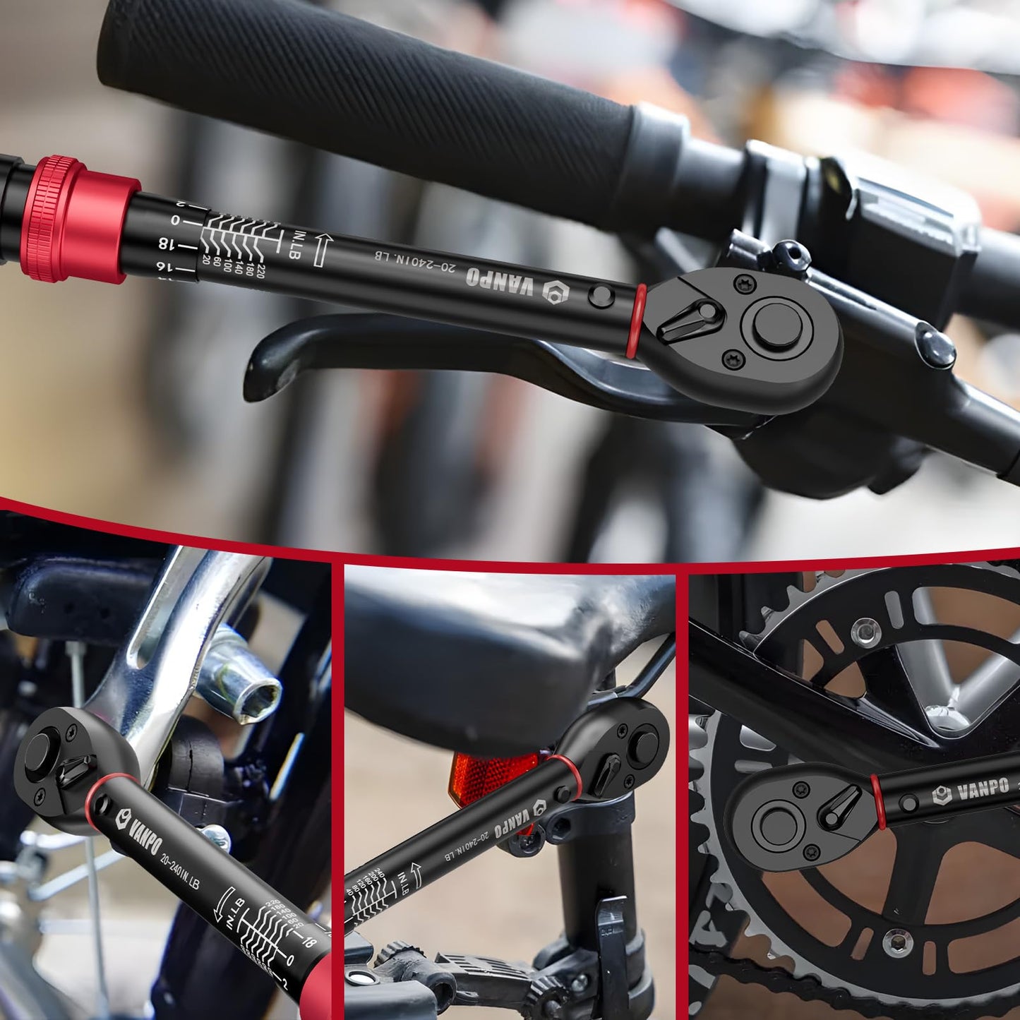 VANPO 1/4" Drive Click Torque Wrench, 20-240 in.lb/2.3-27.1 Nm, ±3% Accuracy, High Accuracy Dual-Direction Inch Pound Torque Wrench with Adapter & 10cm Extension Bar for MTB and Road Bike