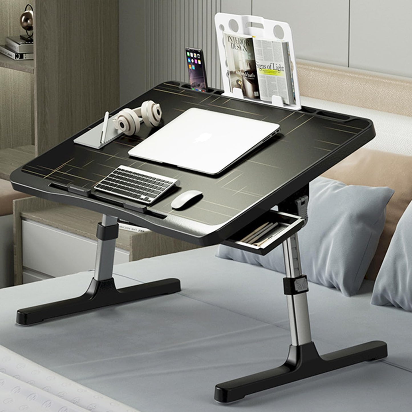 Laptop Desk for Bed, Adjustable Bed Table with USB Charge Port, Foldable Laptop Table with Storage Drawer, Portable Laptop Bed Desk Tray for Eating Working Writing Reading (Black)