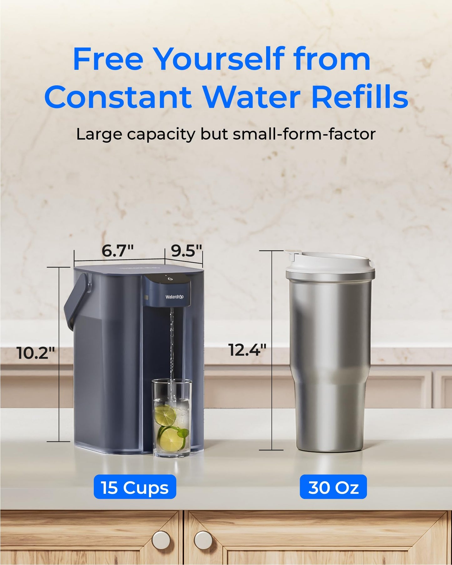 Waterdrop Electric Water Filter Pitcher, Rechargeable 200-Gallon Water Dispenser, Instant 15-Cup Countertop System, NSF/ANSI 42&372, Reduce PFAS, Lead, Chlorine, Navy Blue