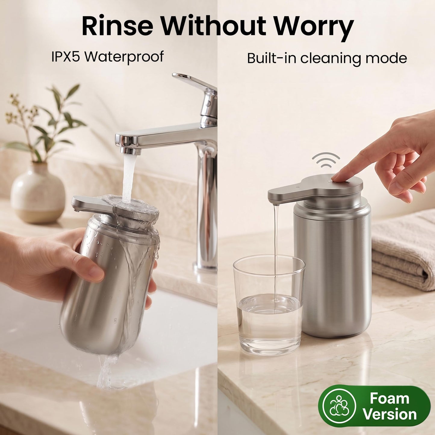 GentleJet WaveJet Automatic Foaming Soap Dispenser Touchless Sensor, USB-C Rechargeable, 304 Stainless Steel, IPX5 Waterproof for Bathroom Kitchen Sink, 12 oz / 350 ml