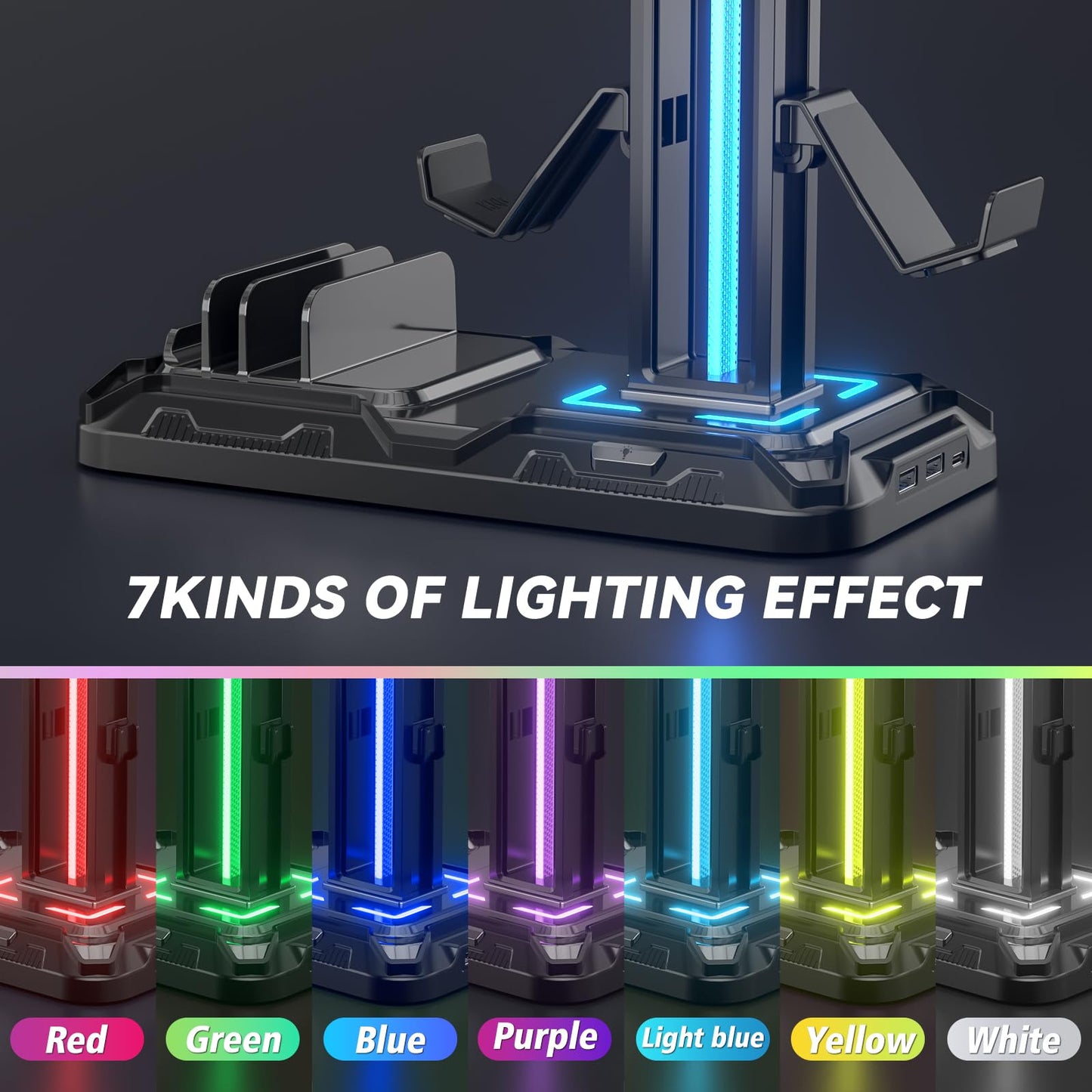 KDD Headset Stand with Phone Holder - Detachable Controller Holder with 9 Light Modes - Rotatable Headphone Hanger with USB Charging Ports - Earphone Hook for Gaming PC Accessories Storage(Black)