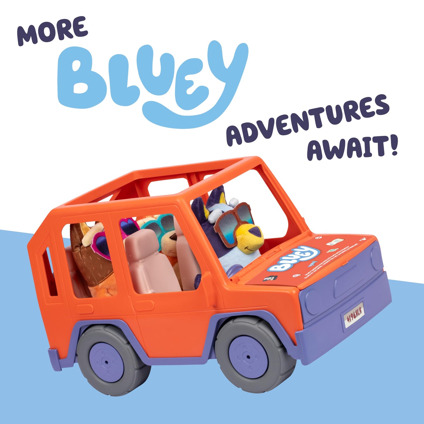 Bluey Buddies Big Heeler 4WD with Family, Exclusive Plush Bluey, Bingo and Chilli, with Sticker Sheet and Opening Bonnet/Hood for Fun Storage