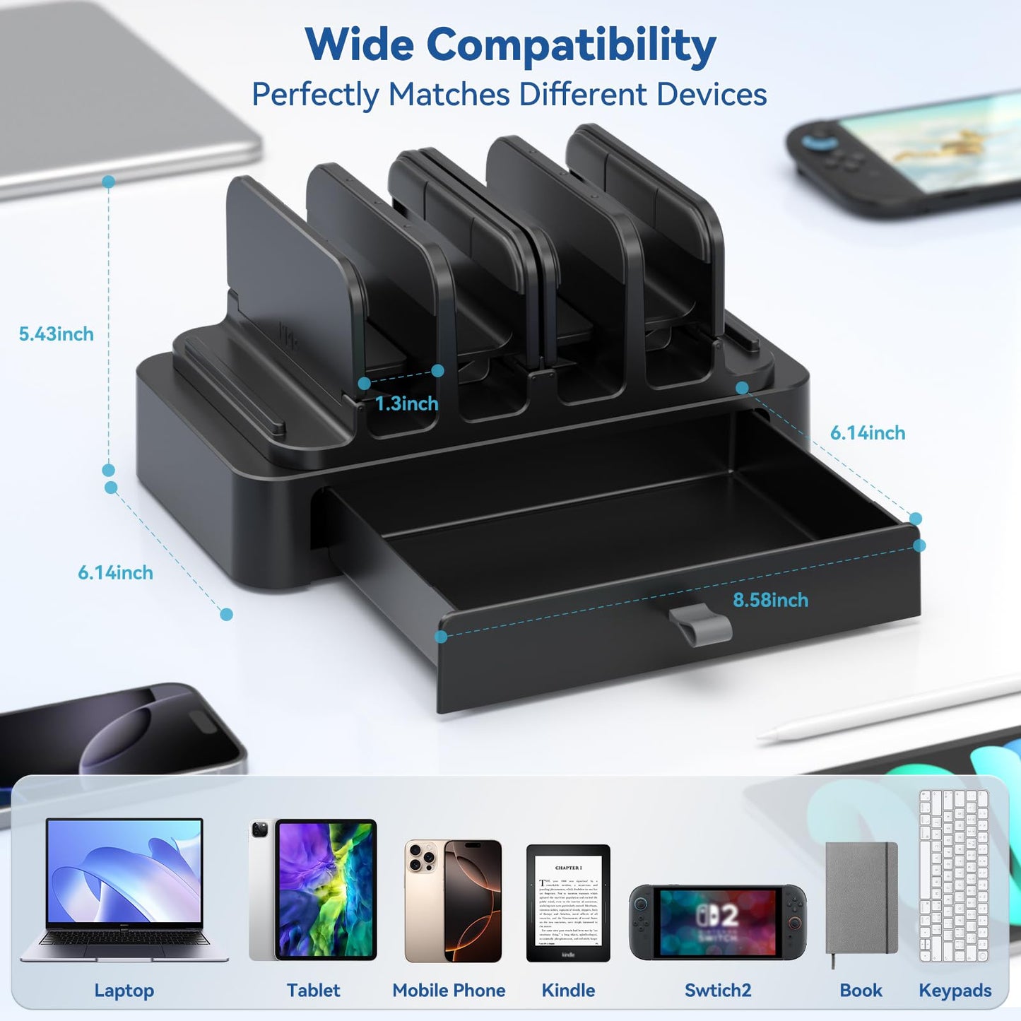 KDD Vertical Laptop Stand with Drawer, 7-in-1 Space-Saving Laptop Holder Organizer with Gravity Locking Fits MacBook Pro Air, Chromebook, Surface, HP, Dell, Tablet, Switch
