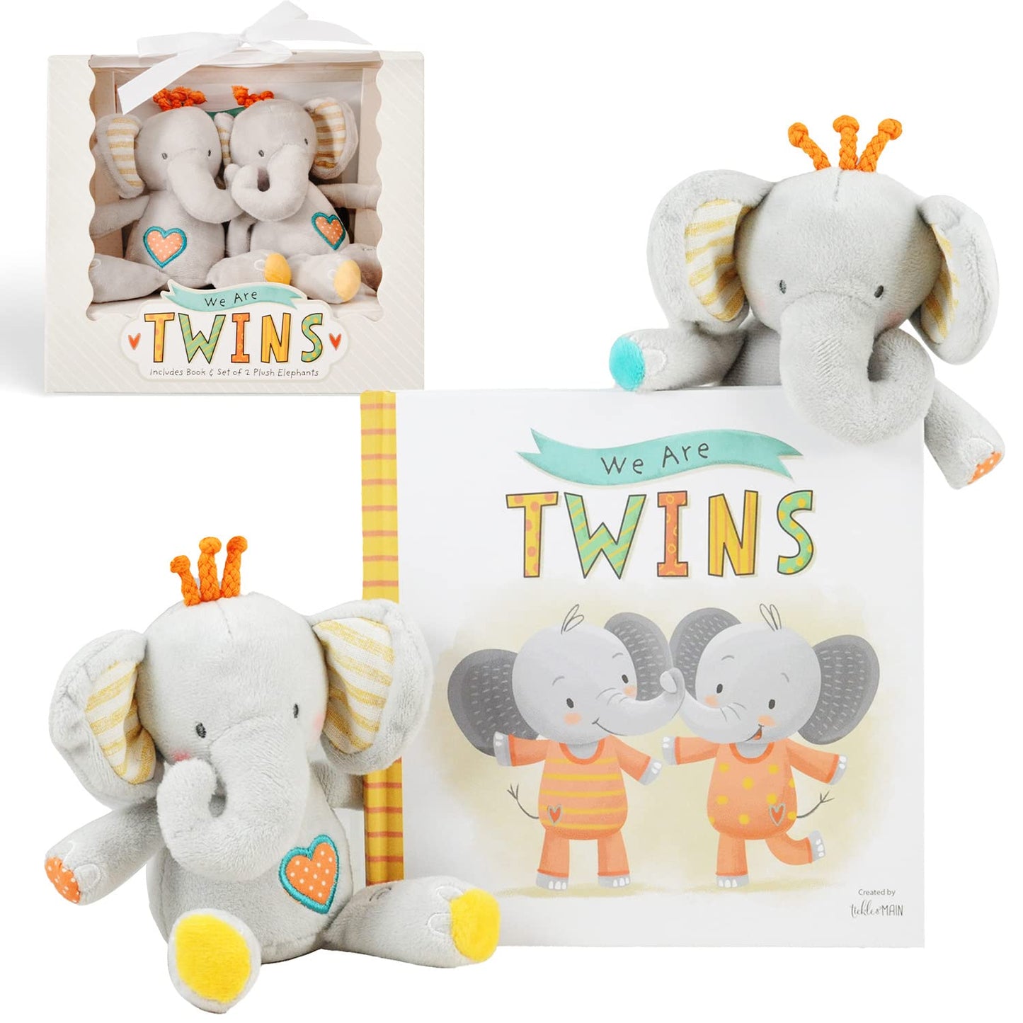 Tickle & Main, We are Twins - Baby and Toddler Twin Gift Set- Includes Keepsake Book and Set of 2 Plush Elephant Rattles for Boys and Girls. Perfect for Newborn Infant
