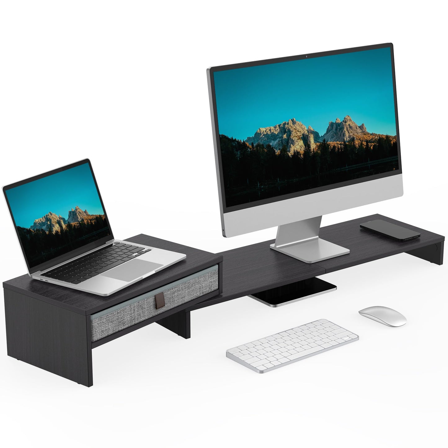 FENGE Dual Monitor Stand with Drawer - Adjustable 3-Tier Laptop Riser for Desk Organizer. Adjustable Length and Angle Desktop Laptop Stand,Office Organizer,Printer,Black
