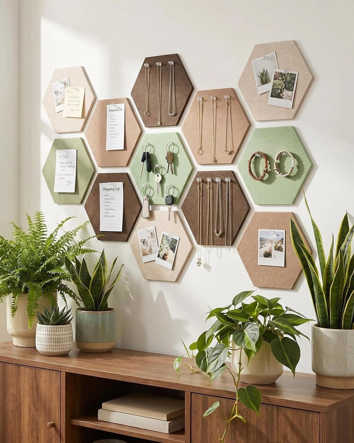 Acidea 12Pcs Hexagon Felt Cork Boards for Walls, Brown Sage Green Self-Adhesive DIY Bulletin Board Vision Board with 50 Push Pins, Pin Board for Office School Home Wall Decor Photos Display Memos