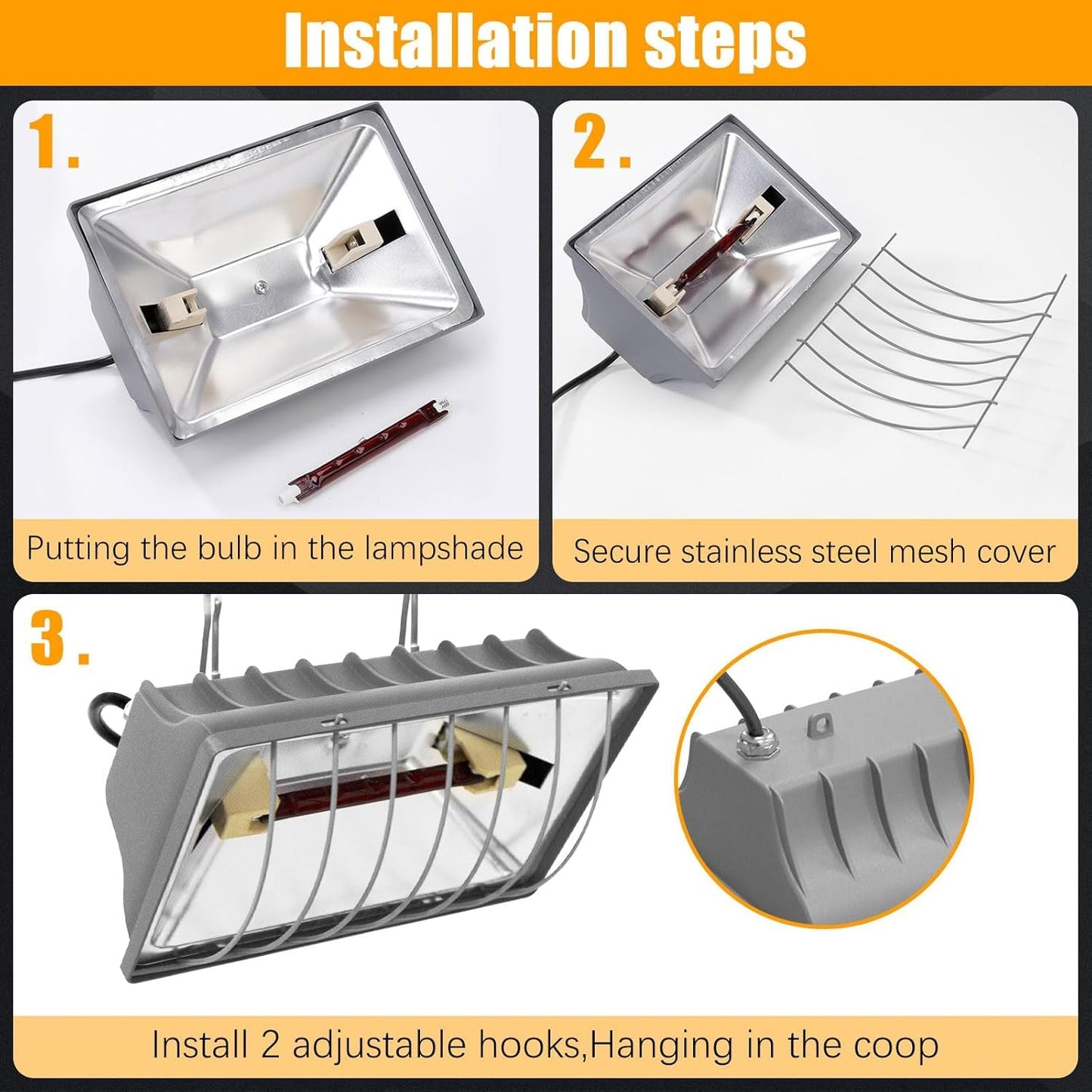 Coop Heater for Chicks, Brooder with 2pcs Heat Lamp (250W and 175W), Adjustable Temp & Height Carbon Fiber Brooder for Chicken Livestock Dogs Ducks Pets (2 Pack)