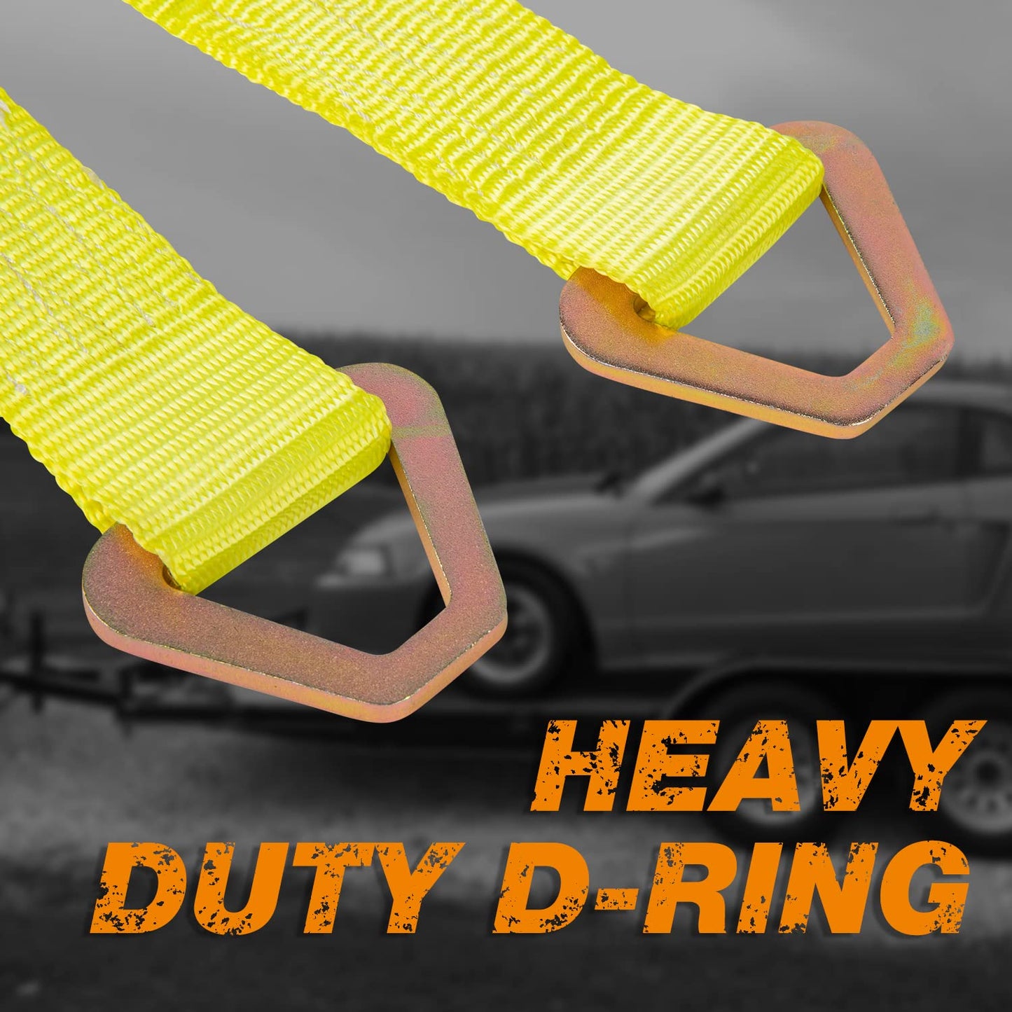 Autofonder 4 Pack 2" x36'' Premium Axle Straps Tie Downs with D-Ring Adjustable Tire Wheel Tie Down with Protective Sleeve Classic Yellow