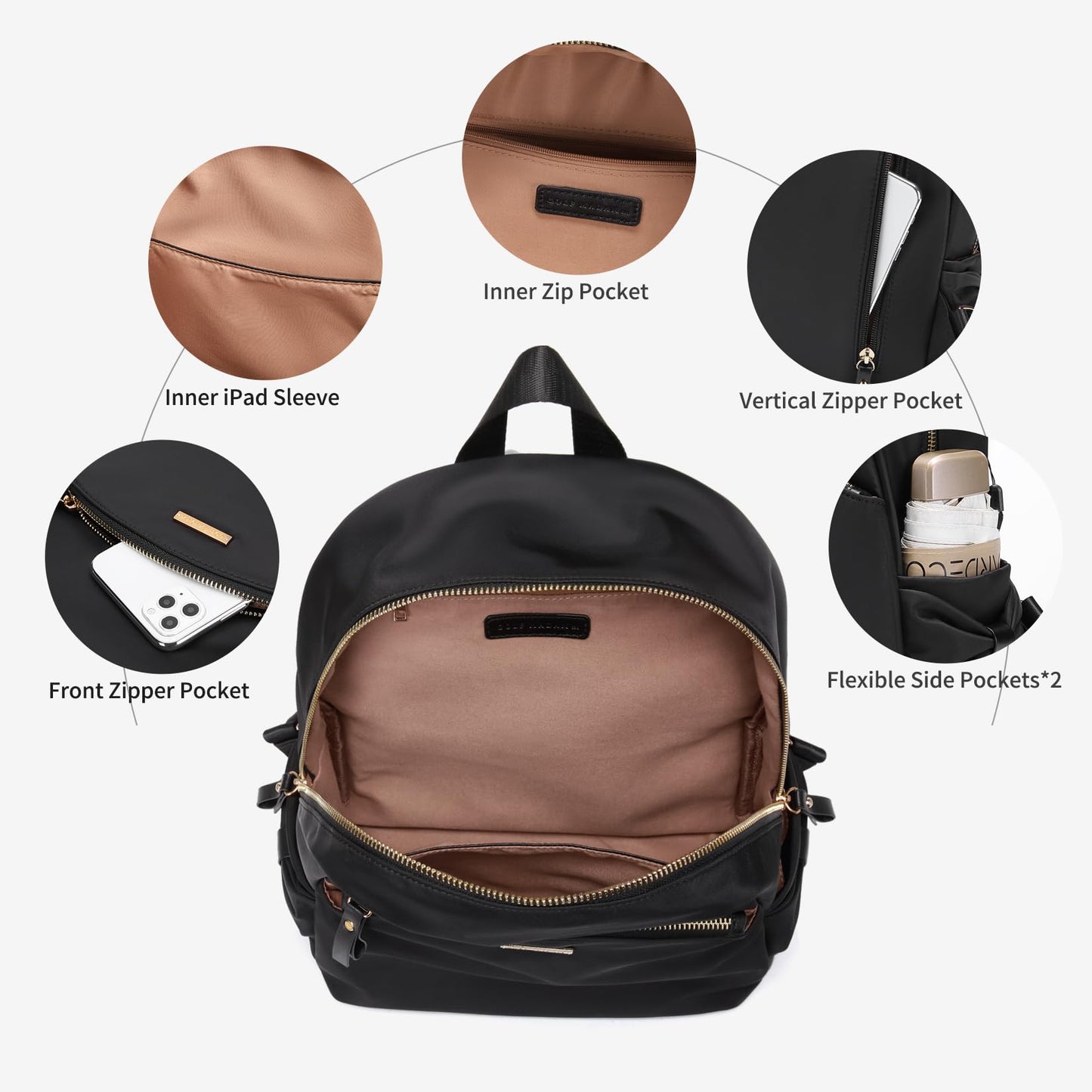 Stylish Backpack Purse for Women Girls Casual Travel Daypack Mini Backpack Handbag Nylon Bookbag (Black)