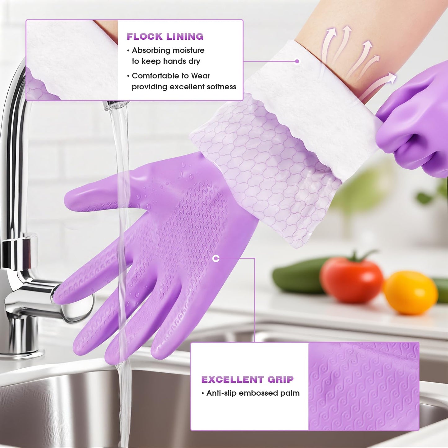 Reusable Dishwashing Cleaning Gloves with Latex Free, Long Cuff,Cotton Lining,Kitchen Gloves 2 Pairs (Large, Purple+Blue)