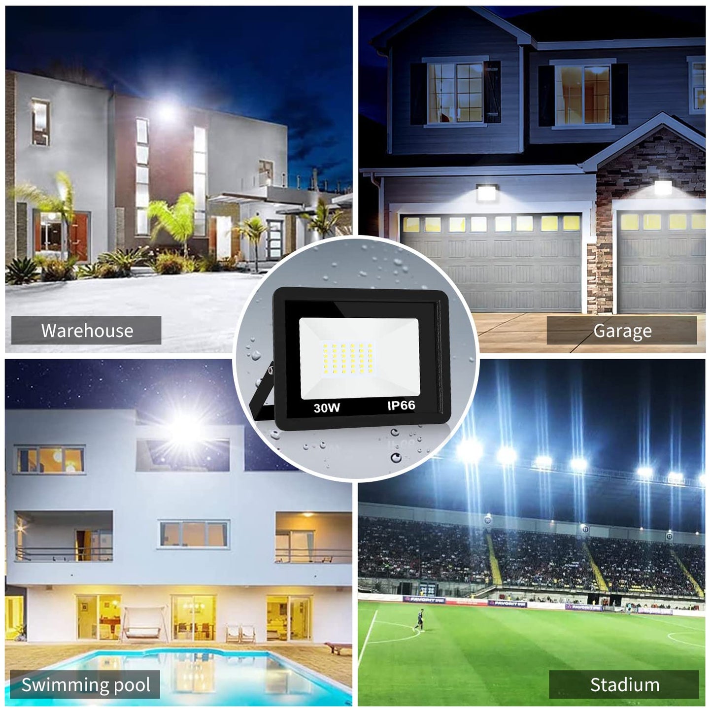30W Flood Light Outdoor, 3000lm LED Flood Light IP66 Waterproof Plug in Outdoor Lights 6500K 2Pack Work Light for Yard Garden Stadium Garage Playground