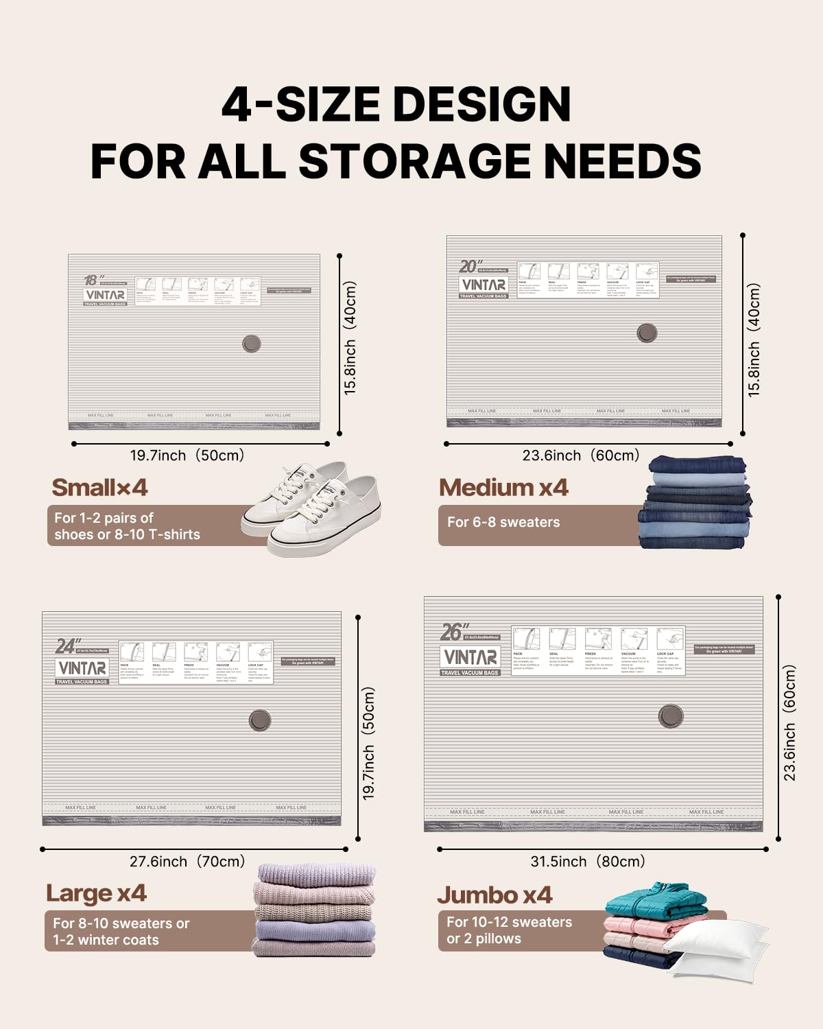 Vacuum Bags for Travel with Rechargeable Cordless Pump, VINTAR 16 Combo (4J+4L+4M+4S) Sealer Bags for Clothes Storage Travel, Space Saver Compression Packing for Suitcase and Luggage