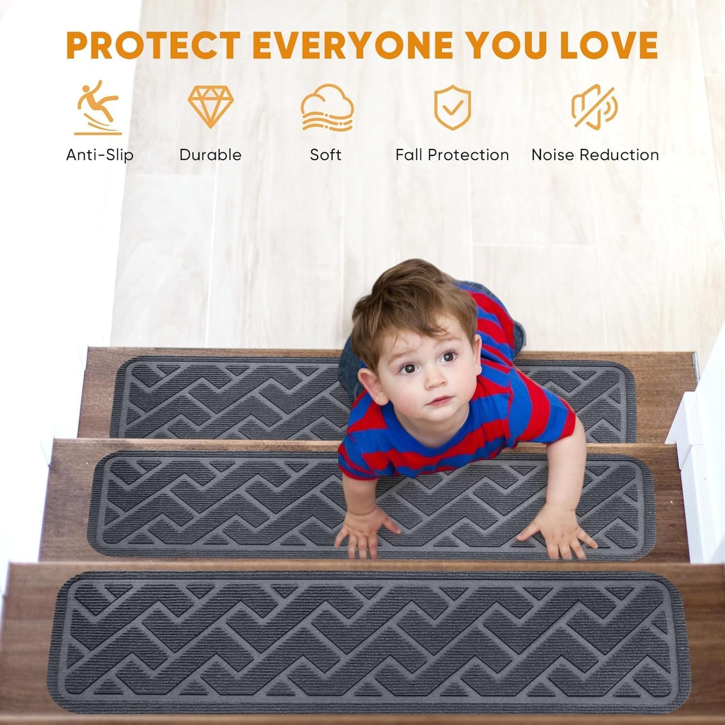 Stair Treads Non Slip, 15 Pack 8 "X 30" Stair Runners for Wooden Steps, Stairs Carpet Strips, Carpet Stair Treads Made of Polyester and Reusable Adhesive, for Kids, Elders and Dogs (Gray)