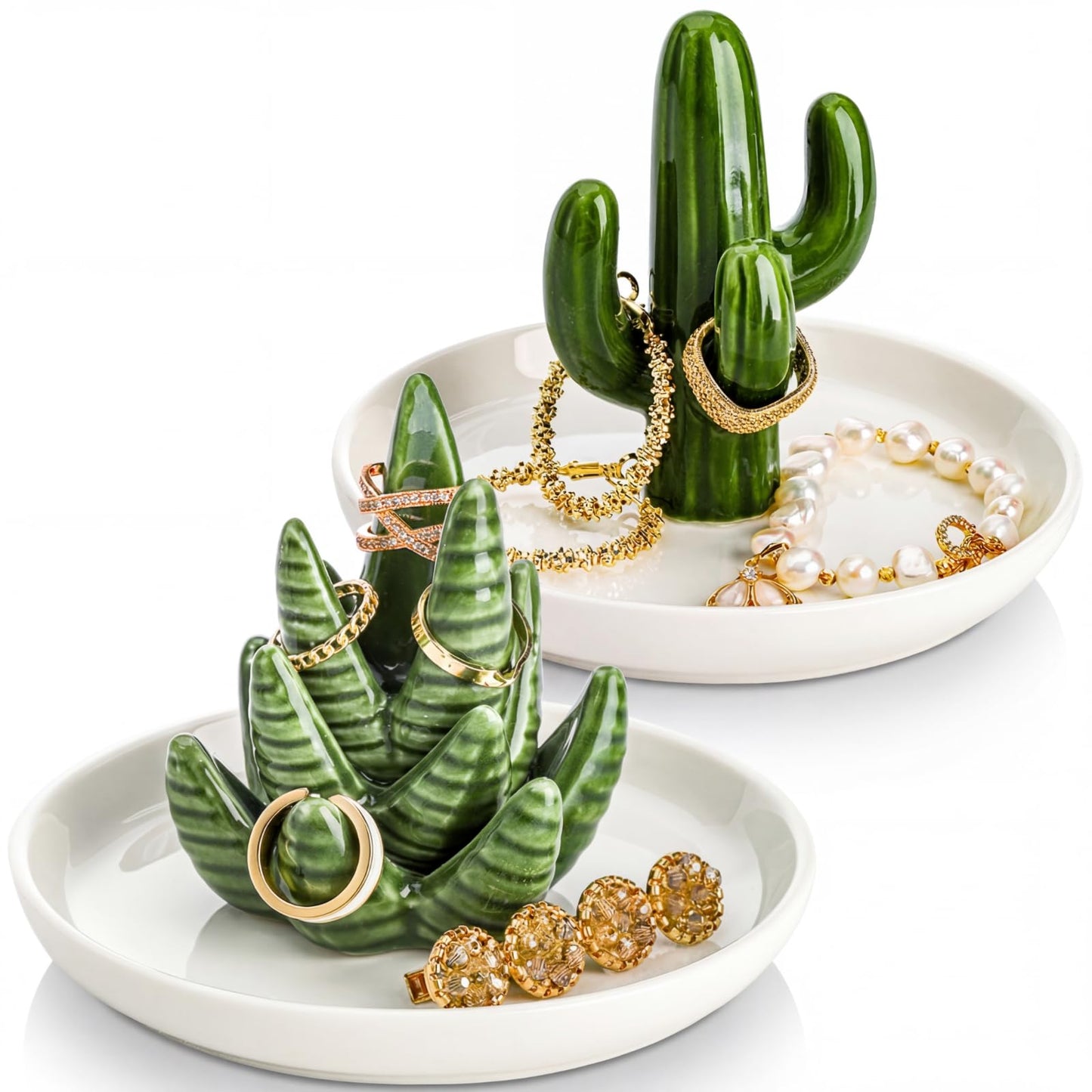Elsjoy Set of 2 Aloe and Cactus Ring Holder Dish, Ceramic Plant Jewelry Dish Bracelet Earrings Necklace Organizer Tray, Decorative Succulent Trinket Dish for Wedding, Birthday Gifts, Home Decor