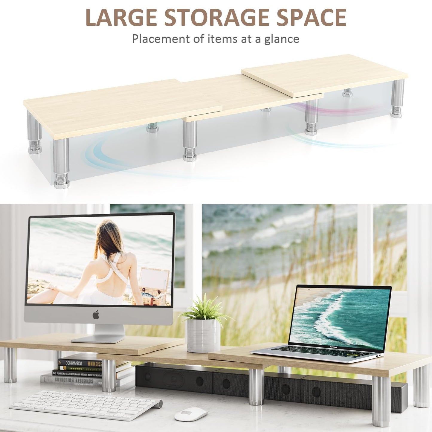 Dual Monitor Stand Riser, Monitor Stand with Adjustable Height Steel leg, Wood Monitor Stand for Desk, Monitor Riser for 2 Monitors with Storage Space
