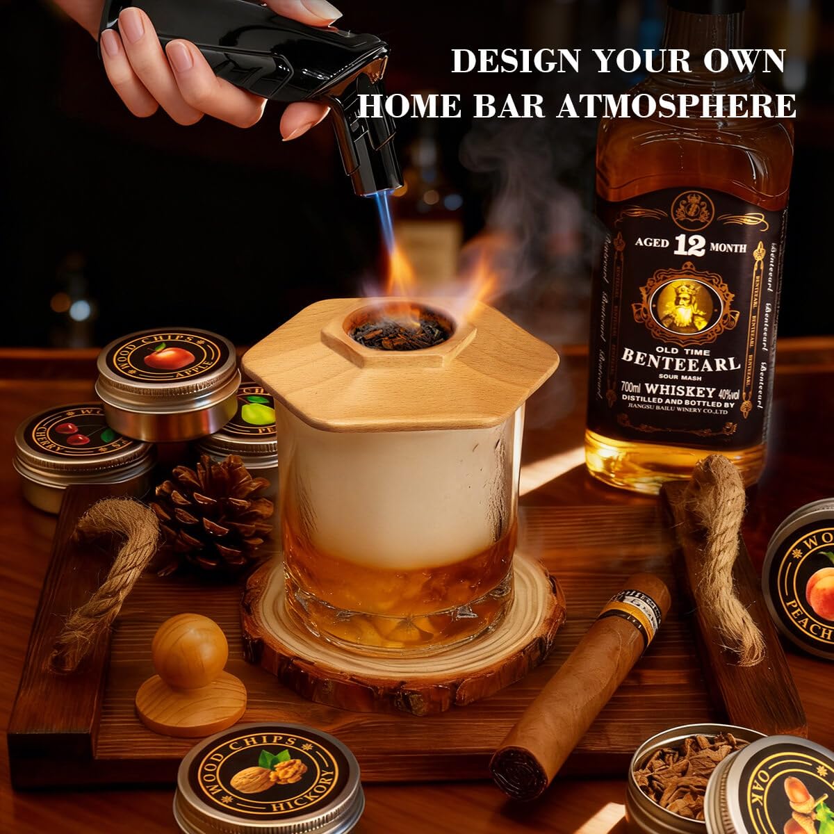 Cocktail Smoker Kit for Bourbon Whiskey Gifts for Men Drink Smoker Infuser Old Fashioned Smoker Kit with Torch Bongos Smoking Smoked Fashion Top Whiskey Making Accessories Infuse Cocktail Wine Meat