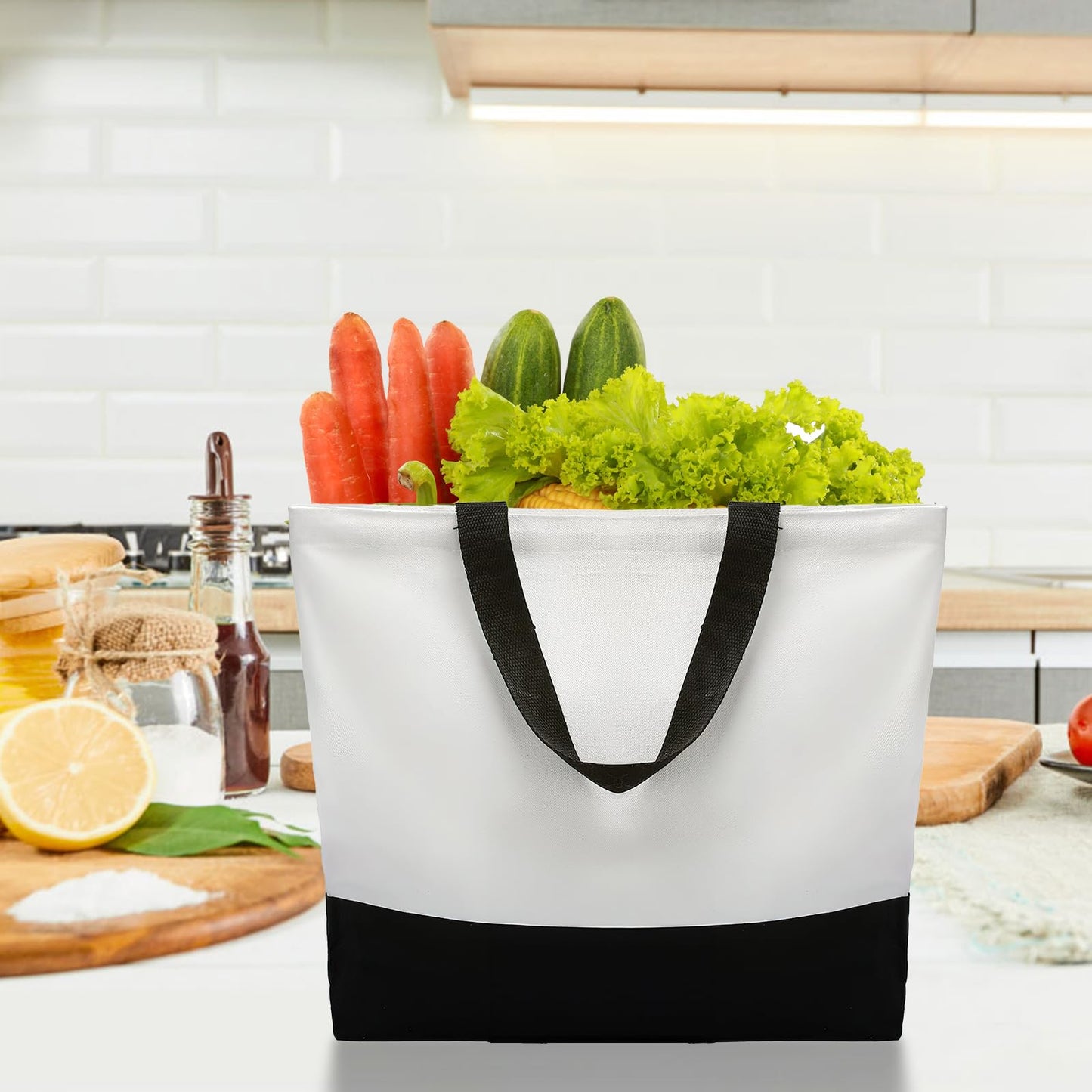 28 Pack Sublimation Blanks Tote bags and Makeup Bags Reusable Grocery Bags with Handles DIY Heat Transfer Canvas Tote Bags Shopping Bags for DIY Advertising Christmas Craft Present, Black and White