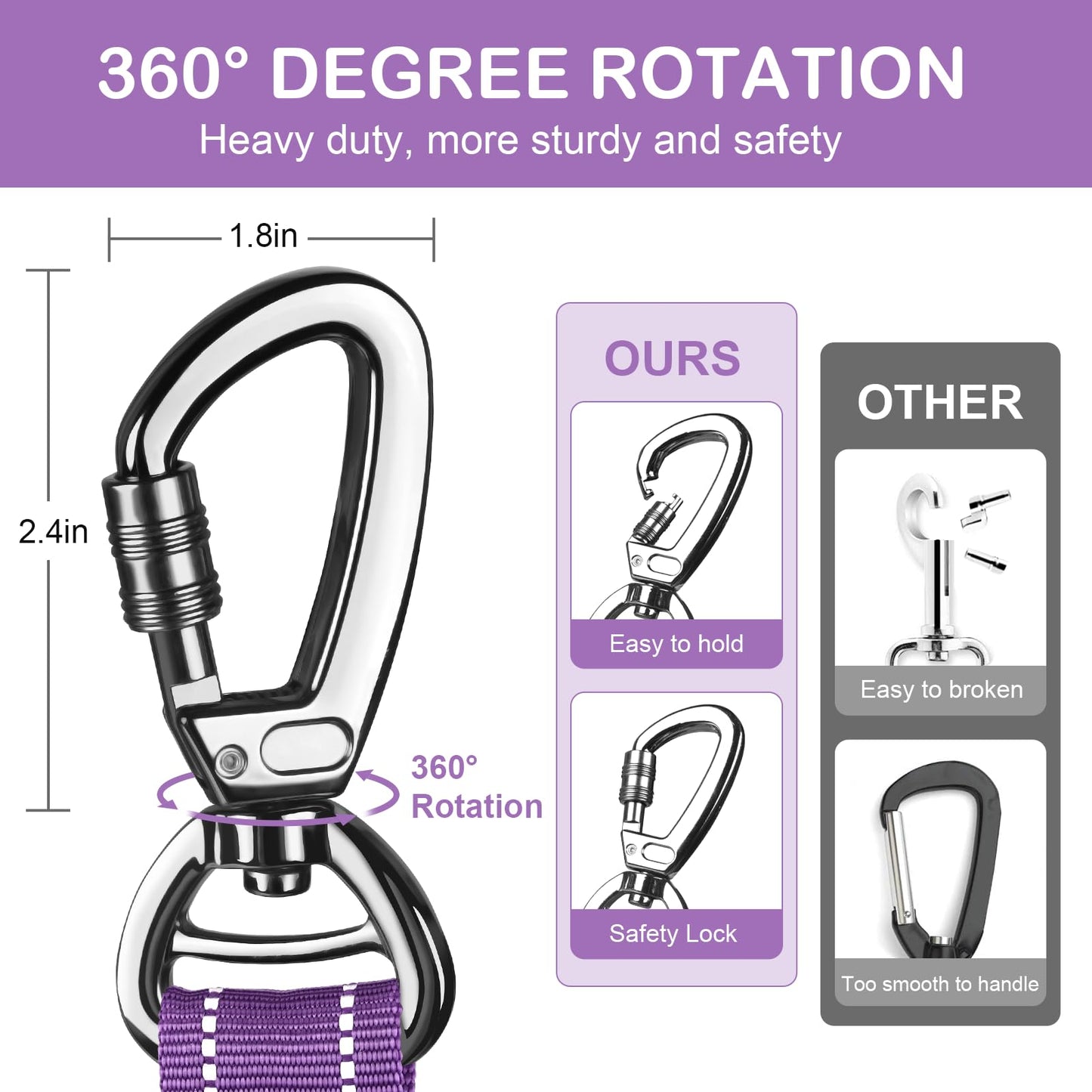 Chioratree Heavy Duty Dog Leash for Medium Large Dogs 2 Pack, Shock Absorbing Bungee Tactical Dog Leash, 4-6FT Strong No Pull Lead with 2 Padded Handle,Car Seatbelt,Light Reflective Rope, Black Purple