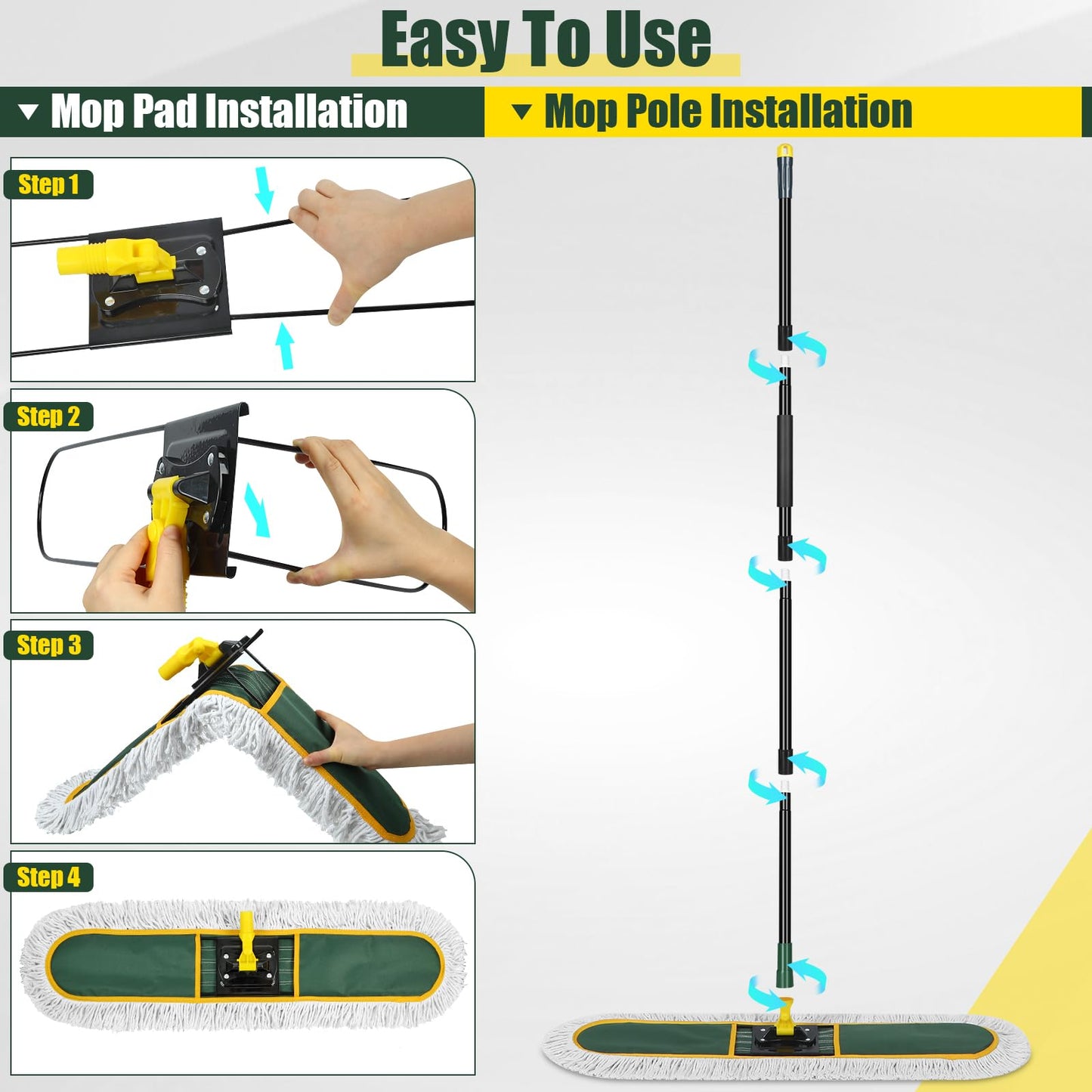 24 Inch Commercial Dust Mop,Heavy Duty Dry Wet Dust Mops Broom for Hardwood Floor, Laminate, Tile, Concrete Cleaning | 60 Extendable Handle & 2 Cotton Mop Heads | Home, Garage, Warehouse Use