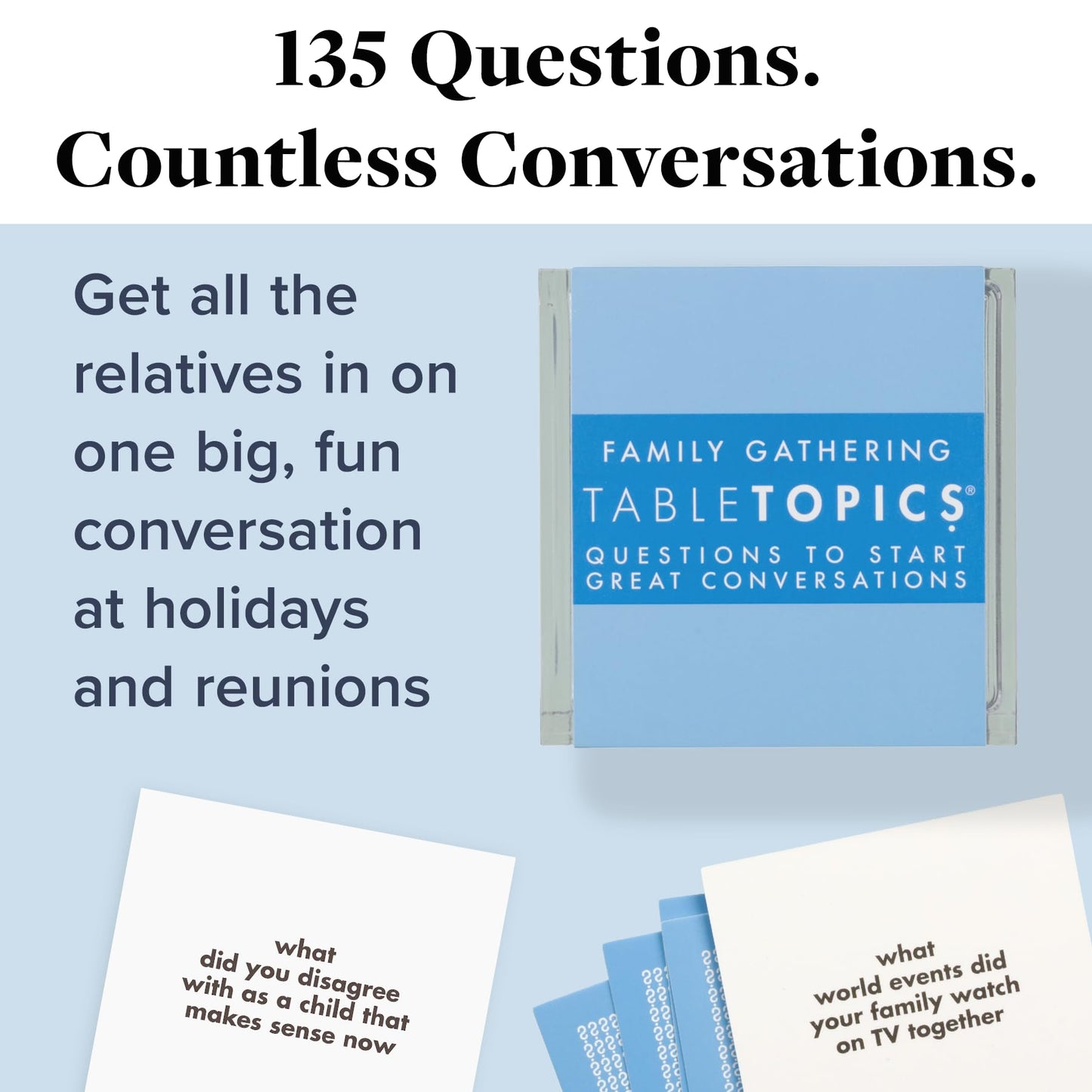 TableTopics Family Gathering Conversation Cards for Multi-Generational Get Togethers with 135 Questions to Use with Relatives at Reunions, Holidays, & Other Events
