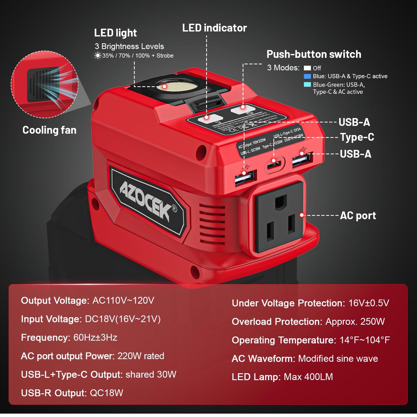 220W Azocek Power Inverter Compatible with Milwaukee 18V Battery(Battery not Included), DC 18V to AC 110V Power Inverter with 1 AC Outlet, 2 USB Ports & 1 Type-C Fast Charging, 400LM LED Work Light