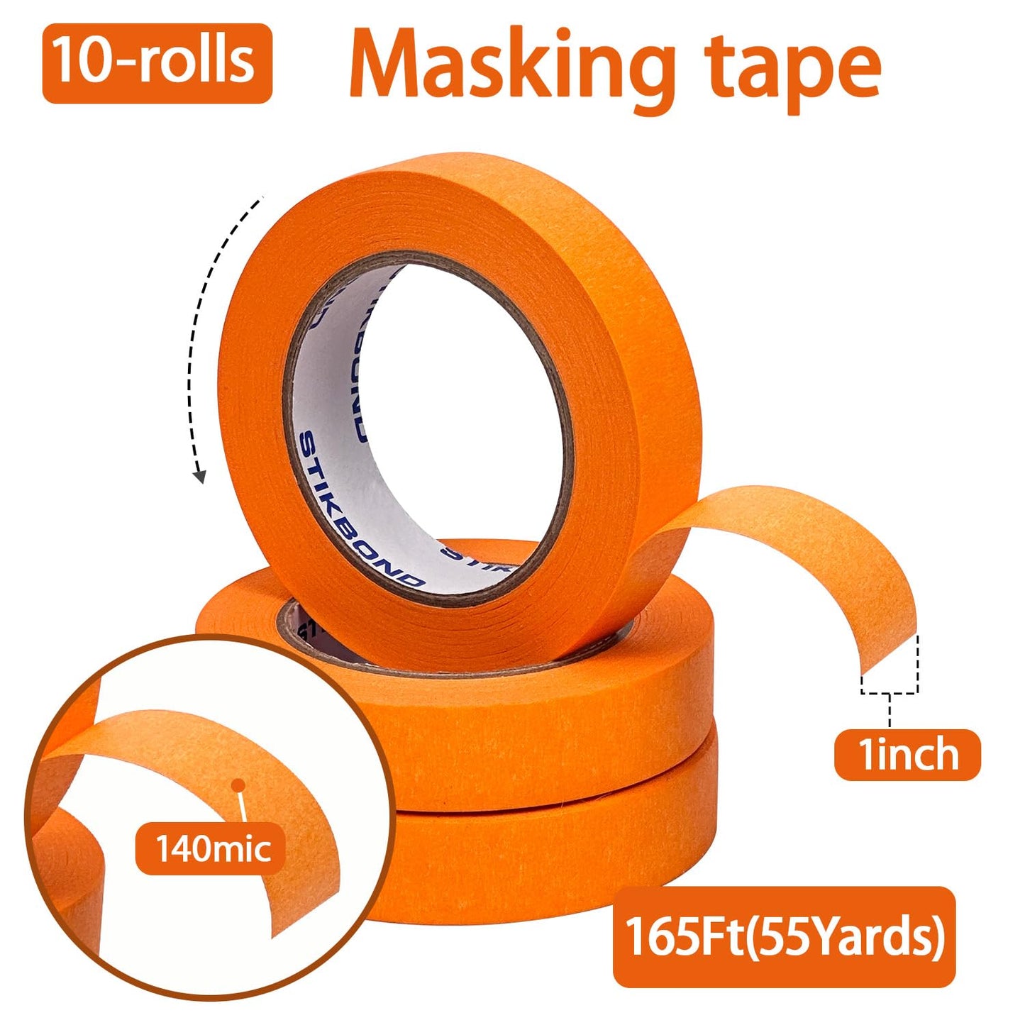 STIKBOND Orange Painters Tape 1 Inch x 55 Yards 10 Rolls (550 Total Yards), Medium Adhesive Green Masking Tape Bulk Multi Pack for Wall Painting, Furniture Painting, DIY Handmade Decoration