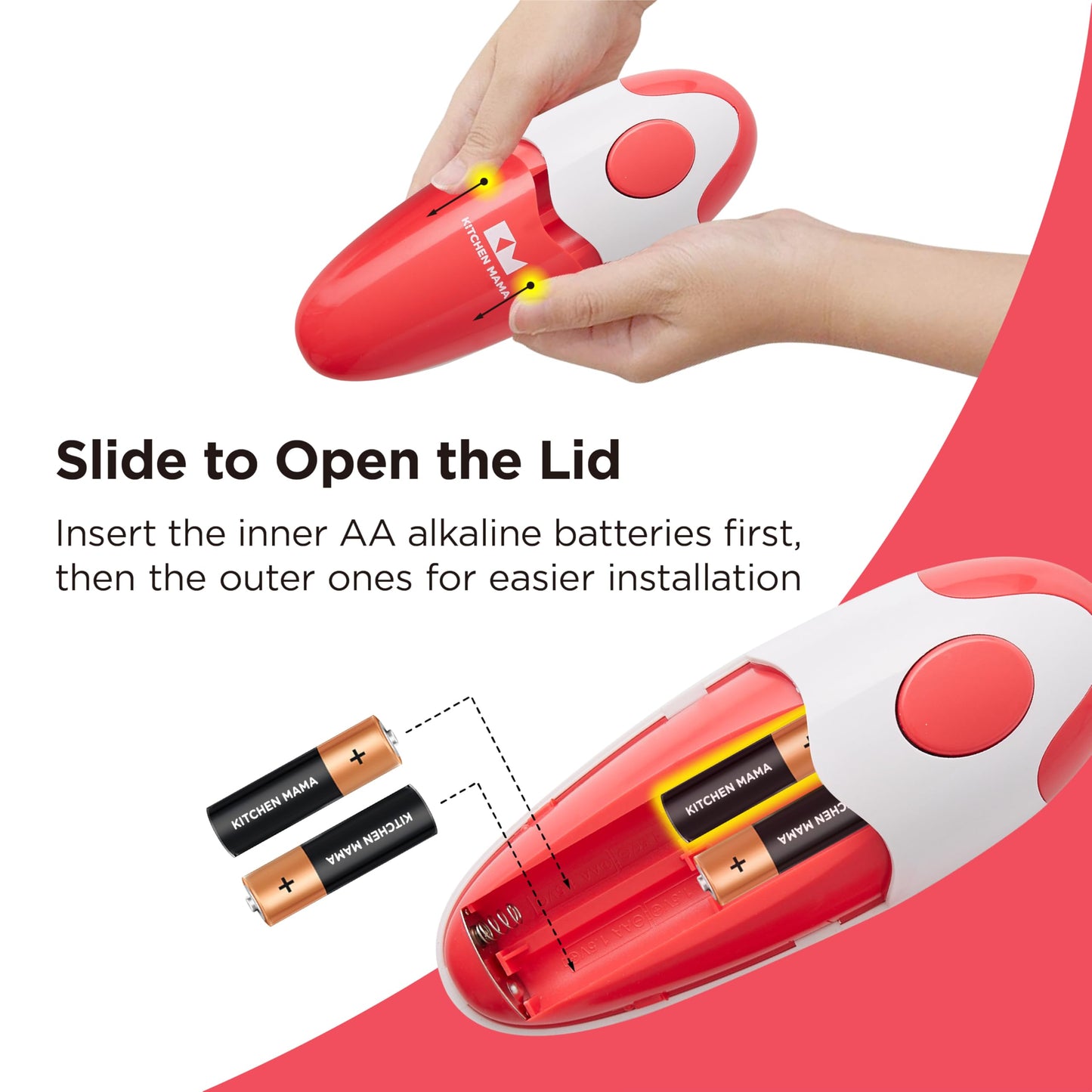 Kitchen Mama Auto Electric Can Opener: Safe, Easy with One Touch, Smooth Edge, Battery Operated, Cordless, Automatic Can Opener for Seniors with Arthritis, Hand Held Appliances, YES You CAN (Red)