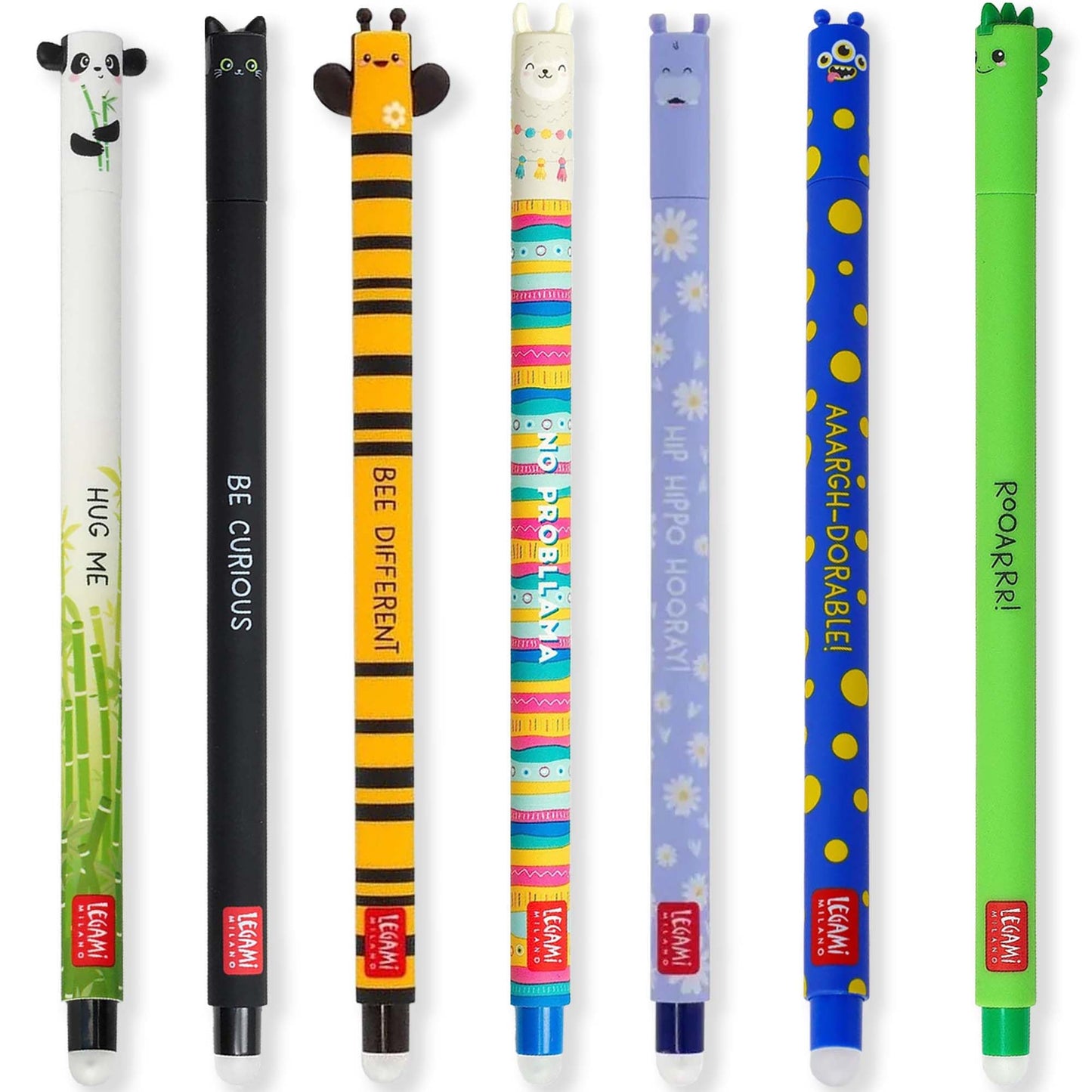 LEGAMI Set of 7 erasable gel pens with thermal sensitive ink, ink color gamut and keg patterns, 0.7mm tip, panda, cat, bee, llama, lion, hippopotamus and dinosaur patterns