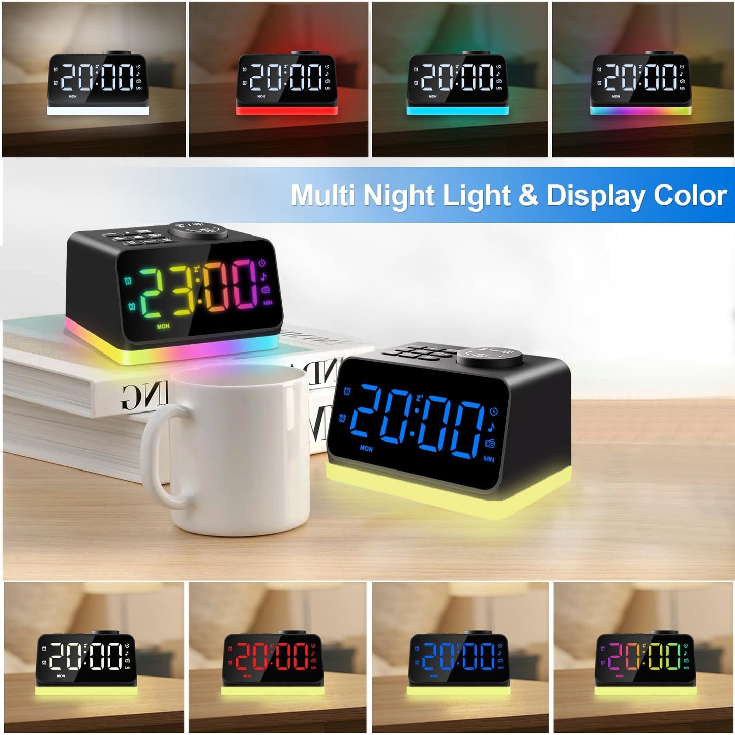 Modern Digital Alarm Clock with FM Radio, Alarm Clocks for Bedrooms with 2 Charging Port, Sleep Sound Machines with Timer, Dual Alarm, Loud Alarm and Easy to Use for Seniors and Kids as Gift