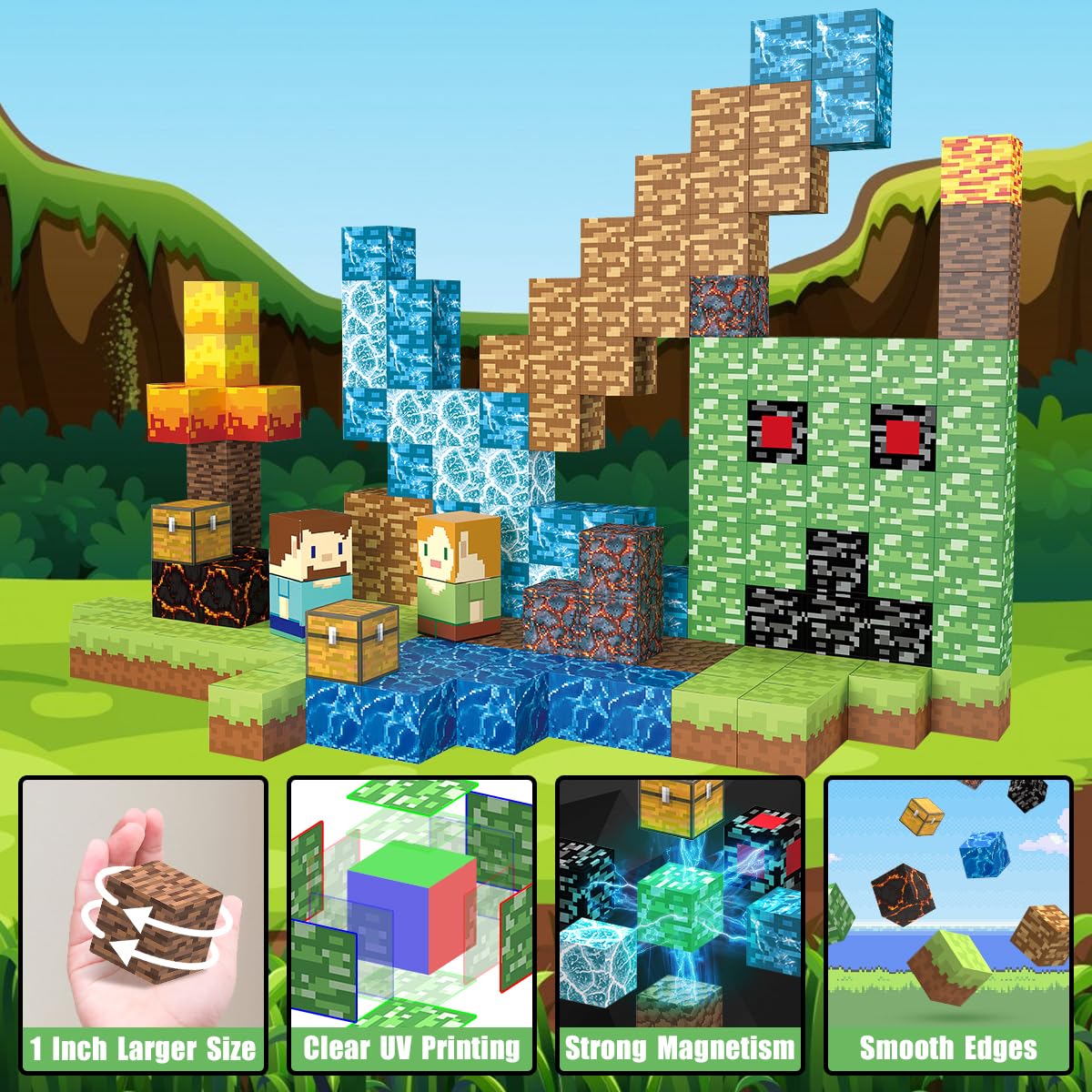 1 Inch Magnetic Blocks Building Blocks 160Pcs Set, Magnet Building Toy Set Magnet Constructions Stacking Toys STEM Sensory Educational Christmas Birthday Gifts for Toddler Boys Girls