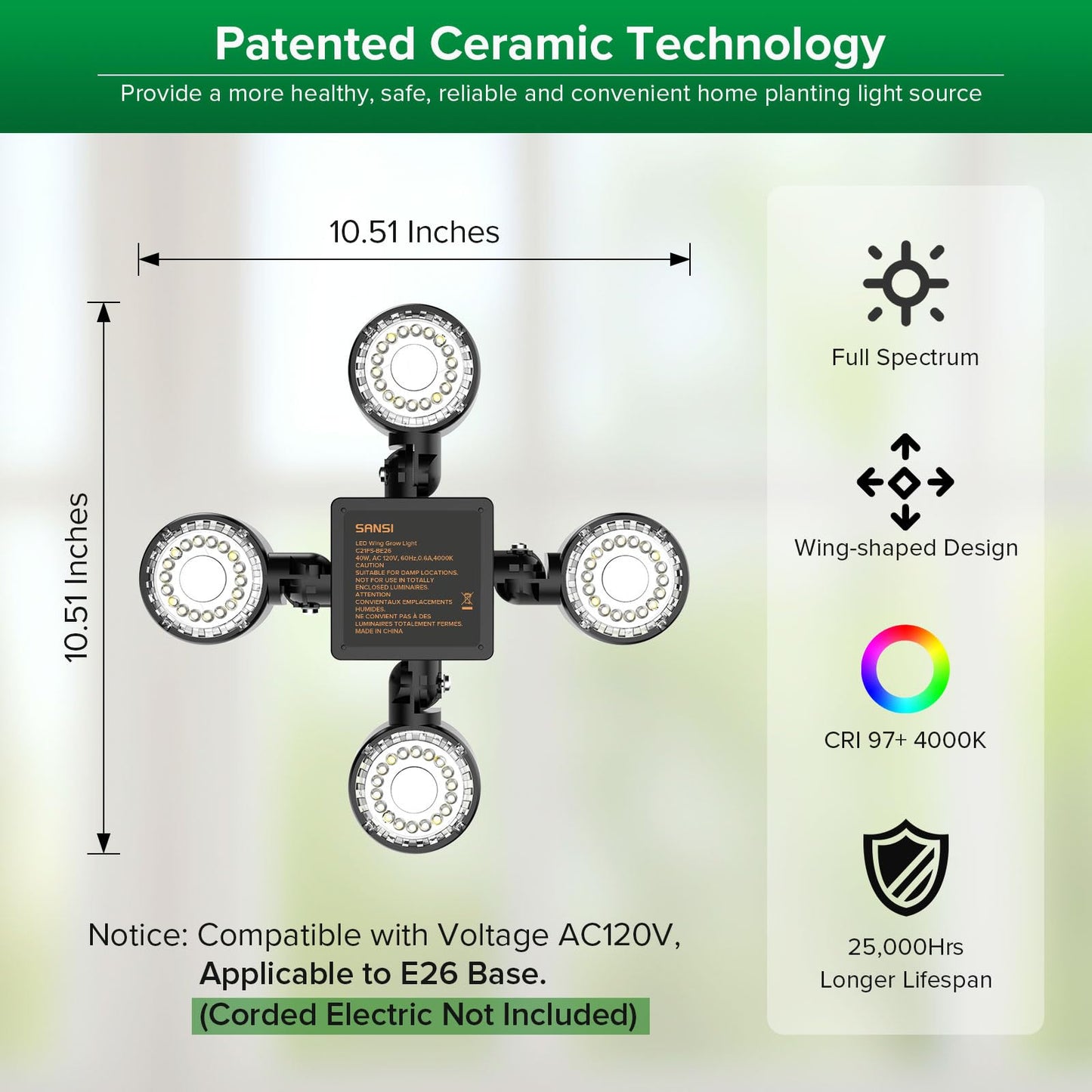 SANSI Grow Lights for Indoor Plants, Full Spectrum with Remote Control, Dimmable, Auto On Off 4 8 12 Hrs Timer, 40W (400 Watt Equiv) Plant Light with Optical Lens for Indoor Greenhouse, E26 Base