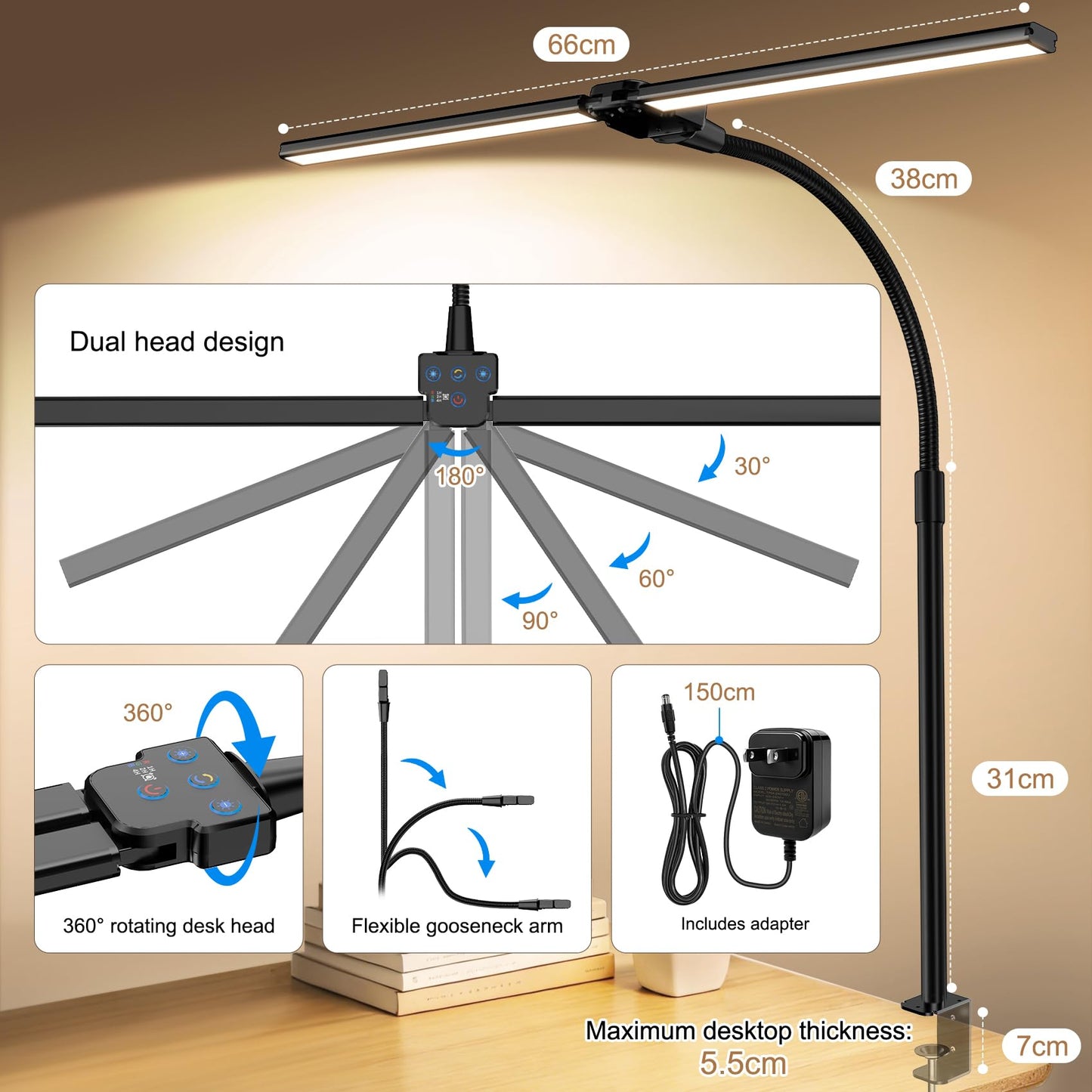 Eocean Dual-Head Desk Lamp, 1800LM 24W LED Architect Light with Remote & Button Control, 25 Lighting Modes & Clamp, CRI>95 No Flicker for Home Office Reading Gaming