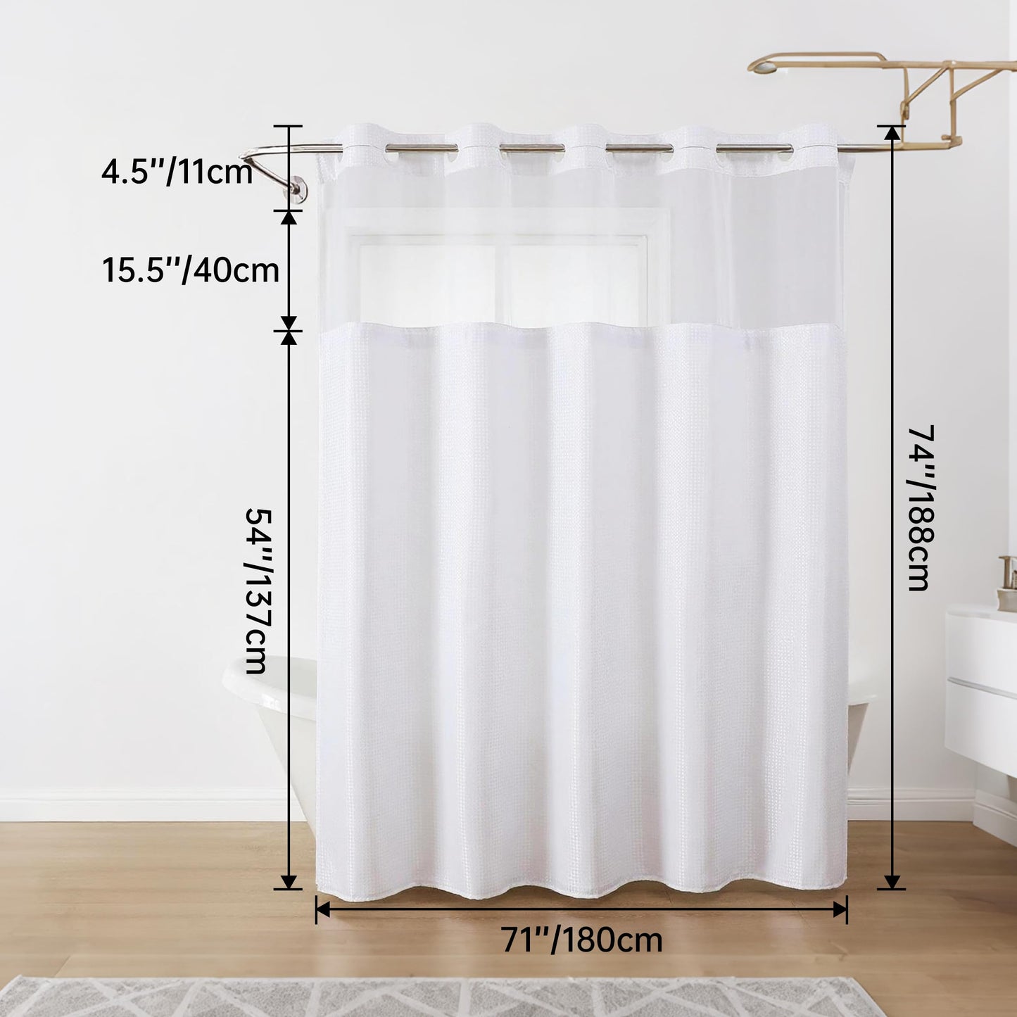 JYhoney White No Hook Shower Curtain with Snap in Liner, 230GSM Waffle Weave Shower Curtains Waterproof Polyester Fabric Shower Curtain Set for Bathroom Bathtubs, Through Mesh Top Window,71Wx74H