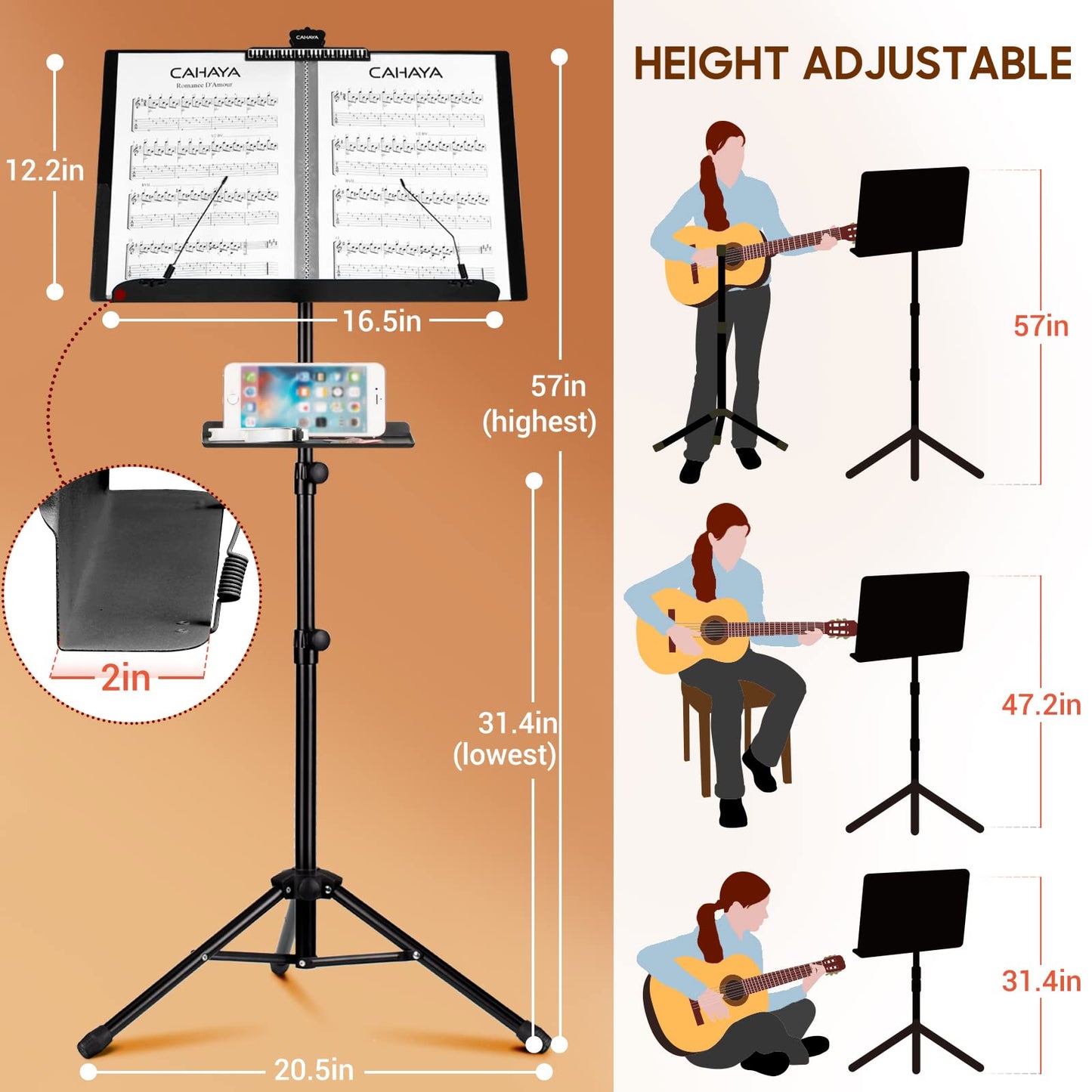 CAHAYA Dual Use Sheet Music Stand with Clamp-on Tray & Desktop Book Stand Including Music Stand with Shelf, Sheet Music Folder, Carrying Bag,and Clip for Guitar, Ukulele, Violin Players CY0194+CY0320