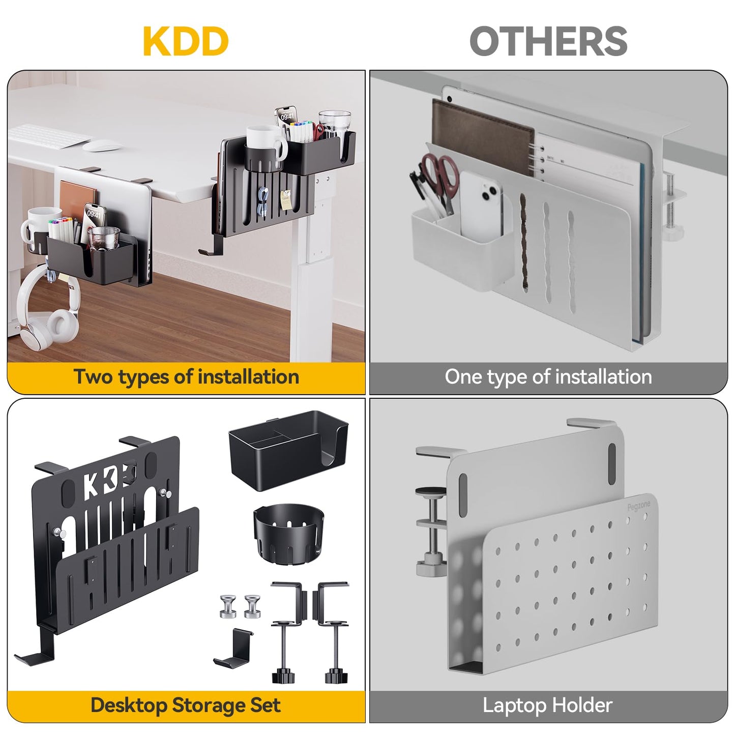 KDD 7 in 1 Desk Side Organizer Set, Under Desk Laptop Holder Storage, No Drill Laptop Mount with 2 Cup Holder, Pen Holder, Headphone Hanger and 2 Pin Magnet, Detachable Hanging Stand for Office & Home
