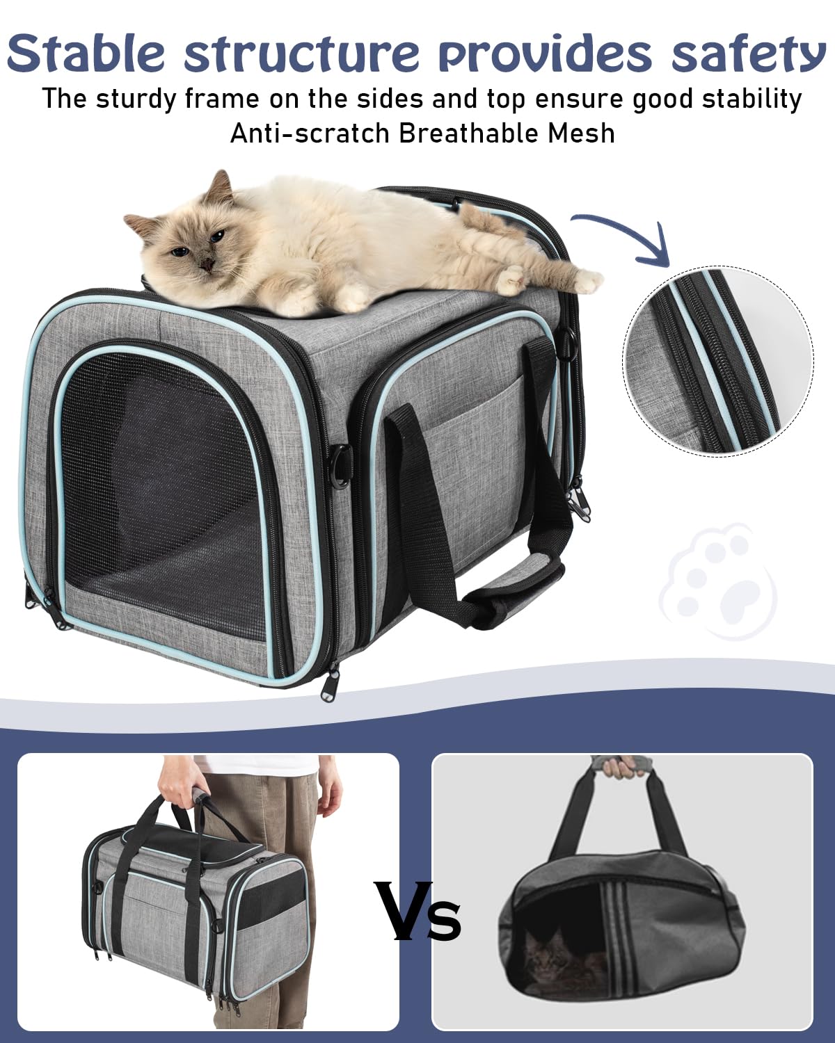 Siivton Cat Carrier,4 Sided Expandable Pet Carrier for Travel,Collapsible Soft-Sided Carriers with Removable Fleece Pad and Shoulder Straps,Airline Approved(17.5"x 11"x 11")