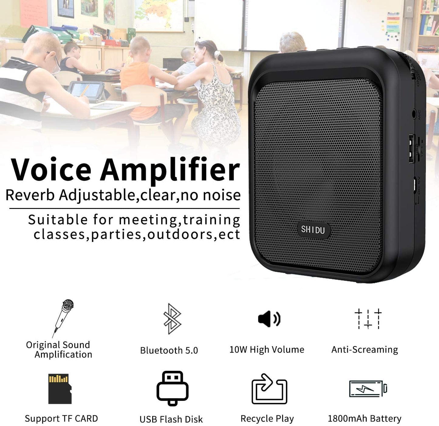 SHIDU Mini Voice Amplifier Portable Rechargeable Bluetooth Speaker with Wired Microphone Headset 10W 1800mAh PA system Supports MP3 Format Audio for Teachers, Coaches, Training, Tour Guide
