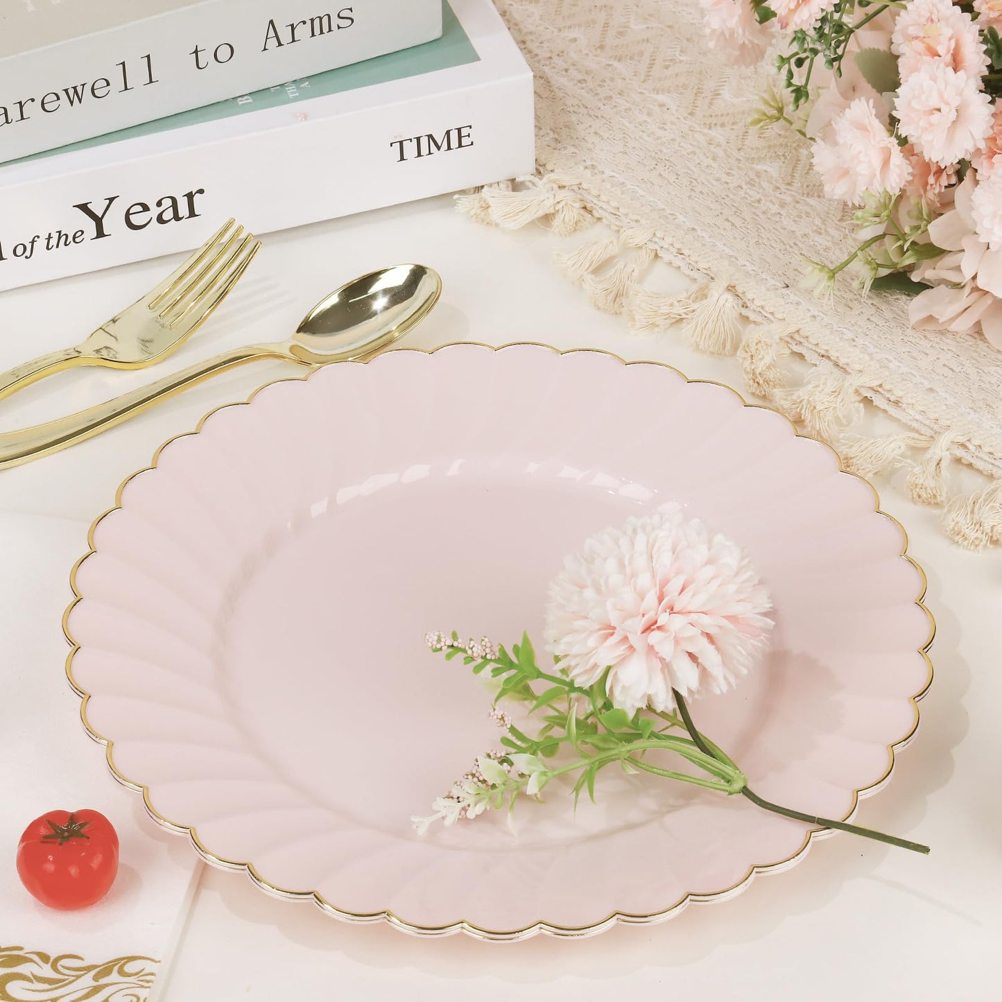 mwellewm 50 Pcs Pink Scalloped Plastic Plates Disposable Party Plates with Gold Rim 25pcs Fancy Decorative Dinner Plates 10" 25pcs Heavy Duty Dessert Plates 7.5" Perfect for Wedding Baby Shower