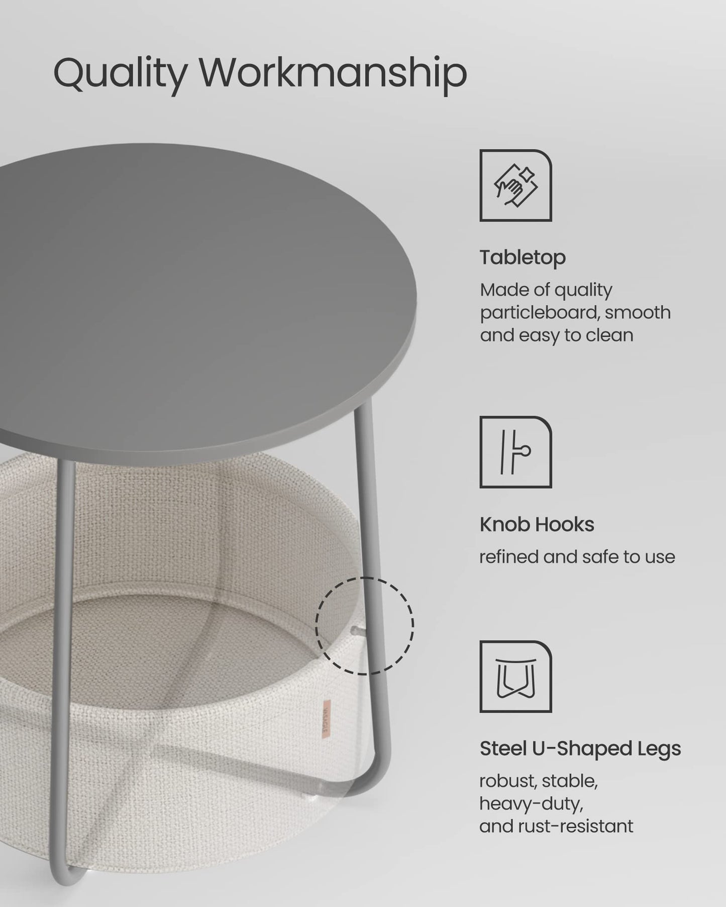 VASAGLE LILEA Collection - Small Round Side End Table, Modern Nightstand with Fabric Basket, Cement Gray and Cream White ULET223G49