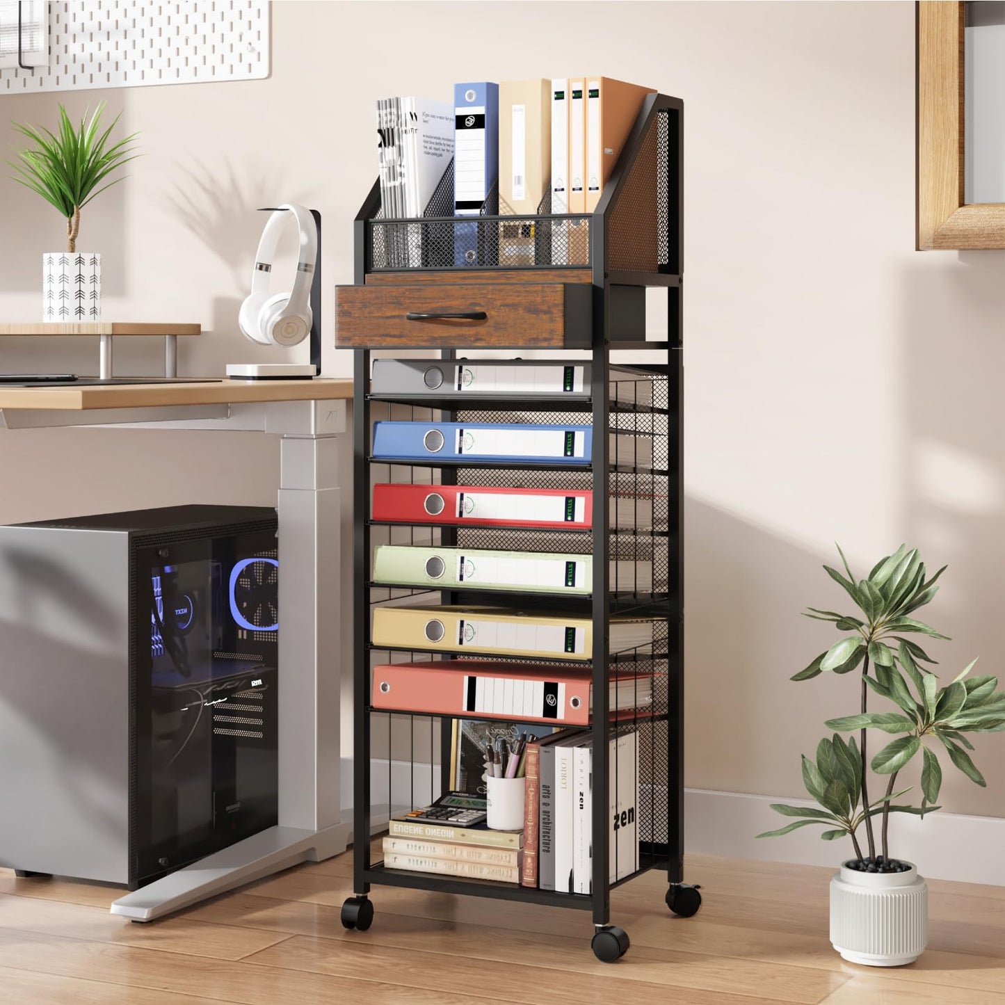 SWTYMIKI Rolling Cart Storage Organizer - 9-Tier Utility Cart with Drawer and Trays, Wood Office Desk Organizer, Office Organization and Binder Storage for Workspace, Home, School, Espresso