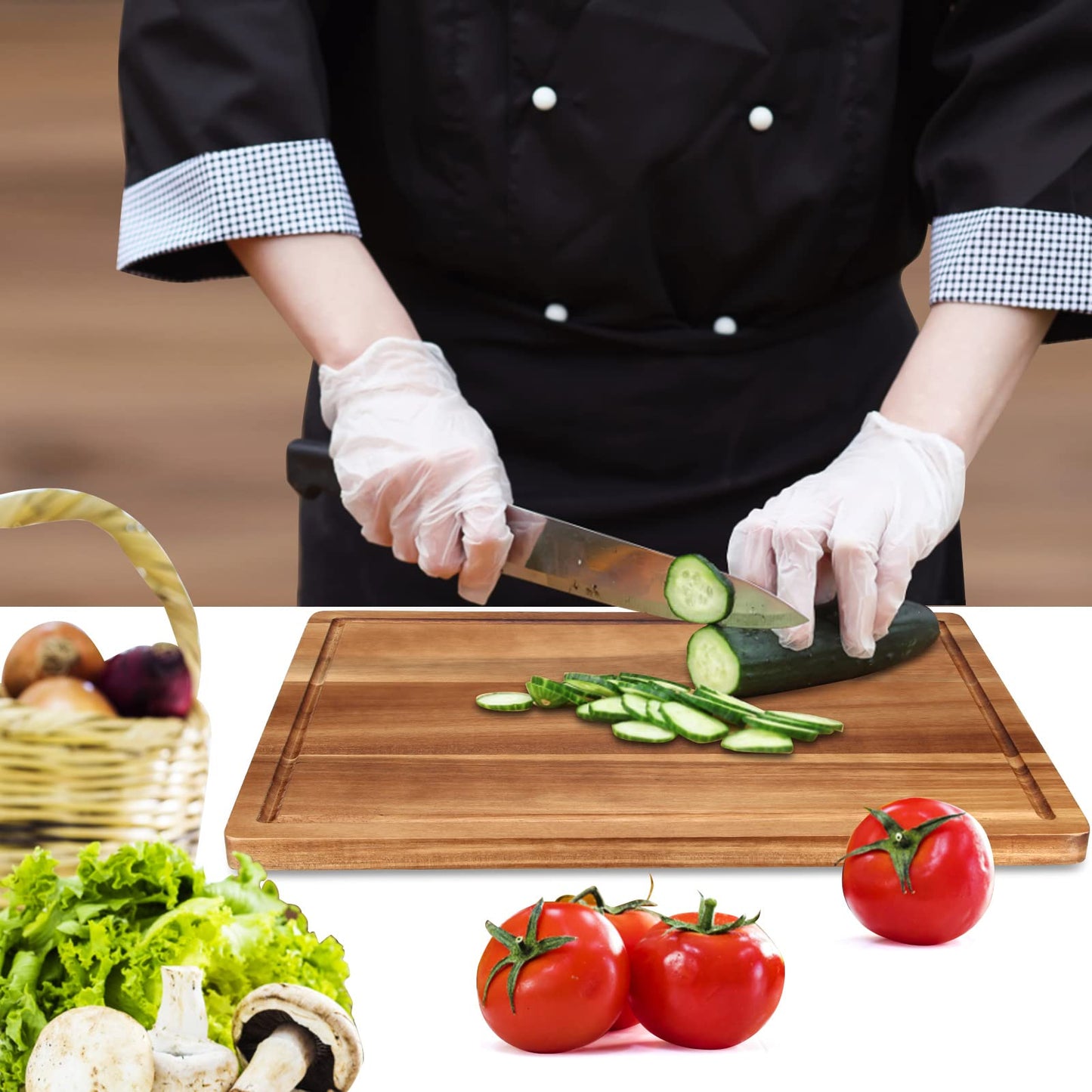 17" Solid Acacia Wood Cutting Boards for Kitchen Meat Large Wooden Charcuterie Boards Non Toxic Bamboo Cutting Board Big Hardwood Chopping Board Butcher Block Bread Serving Cheese Board Carving Board