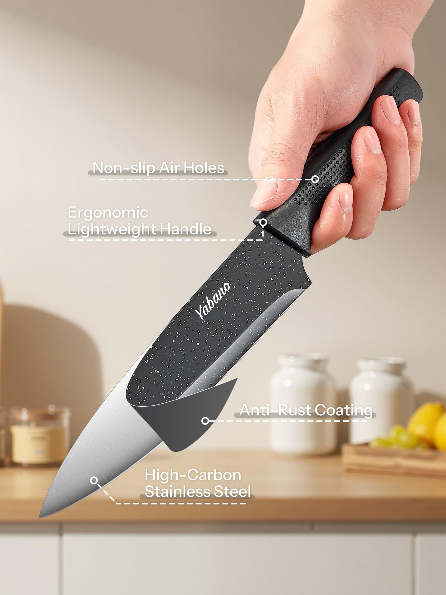 Knife Set, Yabano No Rust Kitchen Knives with PE Universal Knife Block 7 Pieces, High Grade Small Knife Block Set with Black Coating, Dishwasher Safe (White)
